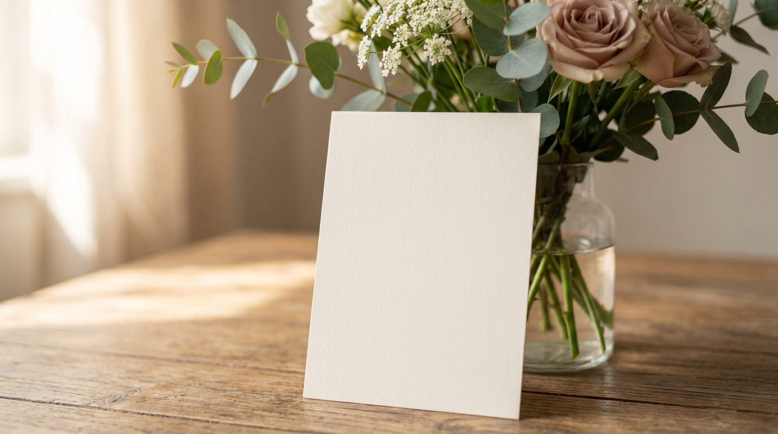 a blank greeting card leaning against fresh flower stems