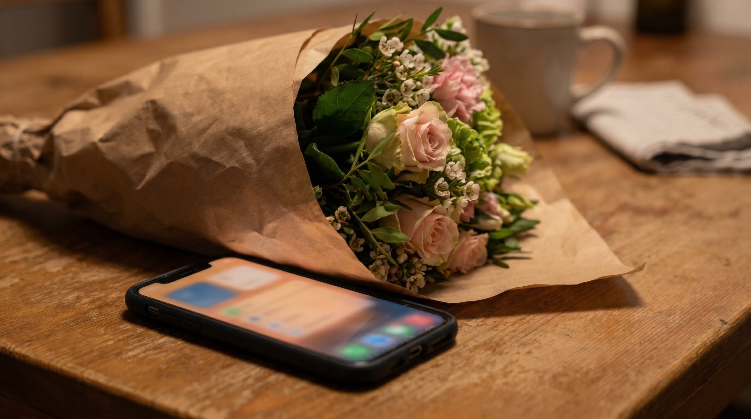 a paper-wrapped bouquet propped beside a glowing phone screen