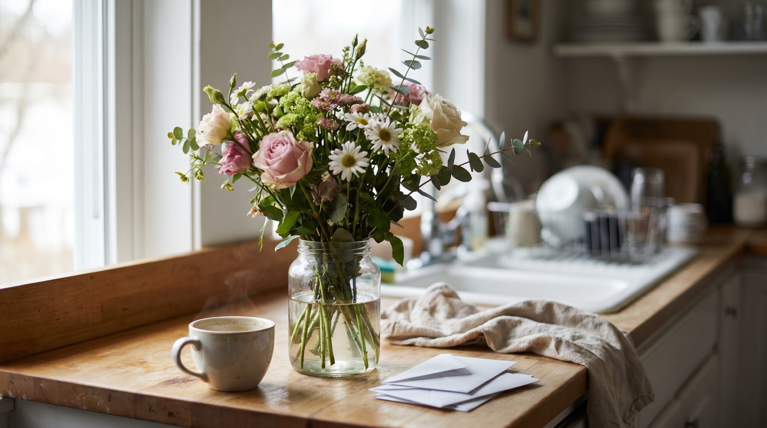 an ordinary mixed bouquet in a jar on a kitchen counter