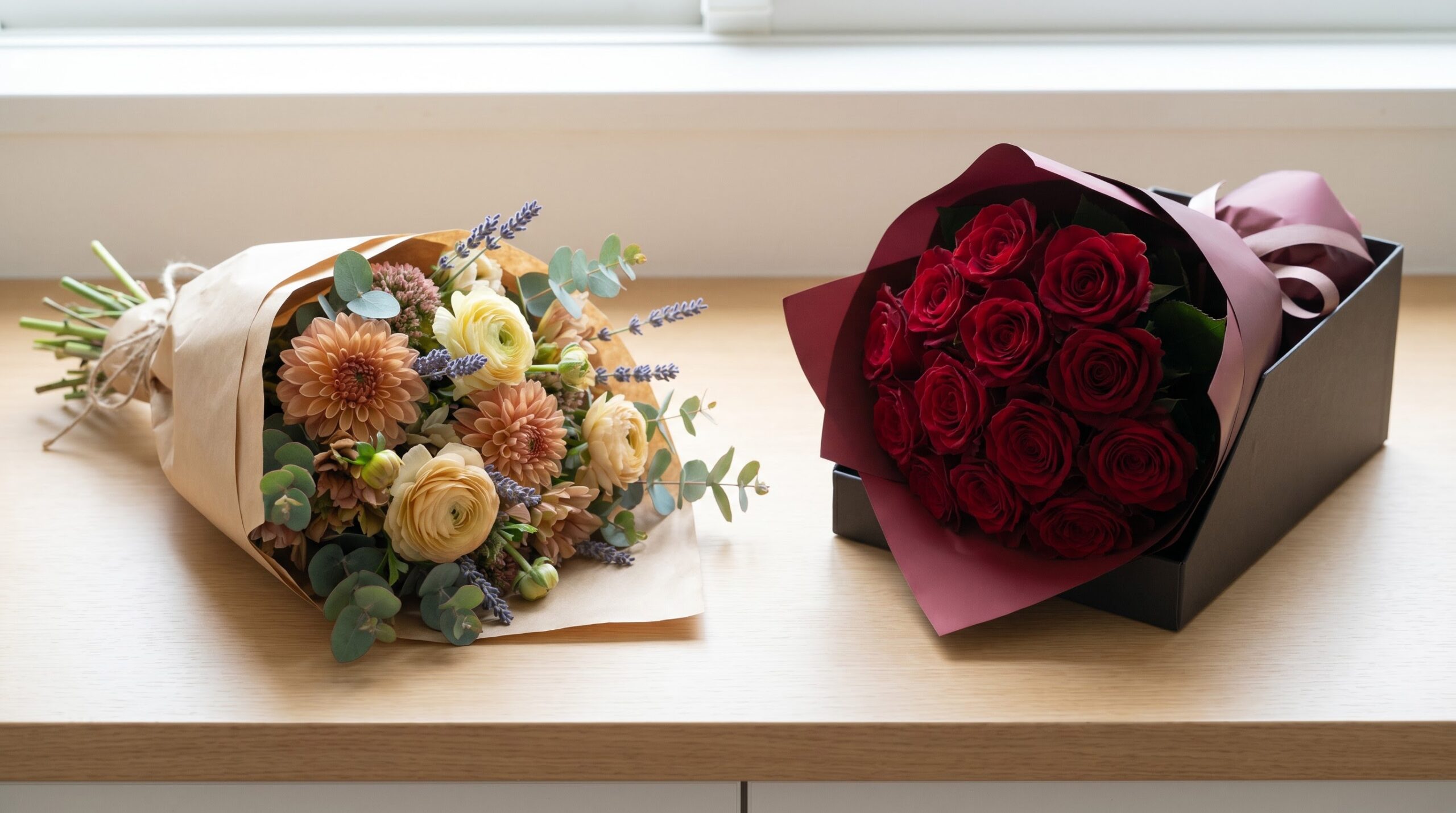 two contrasting bouquets, one casual and one formally wrapped