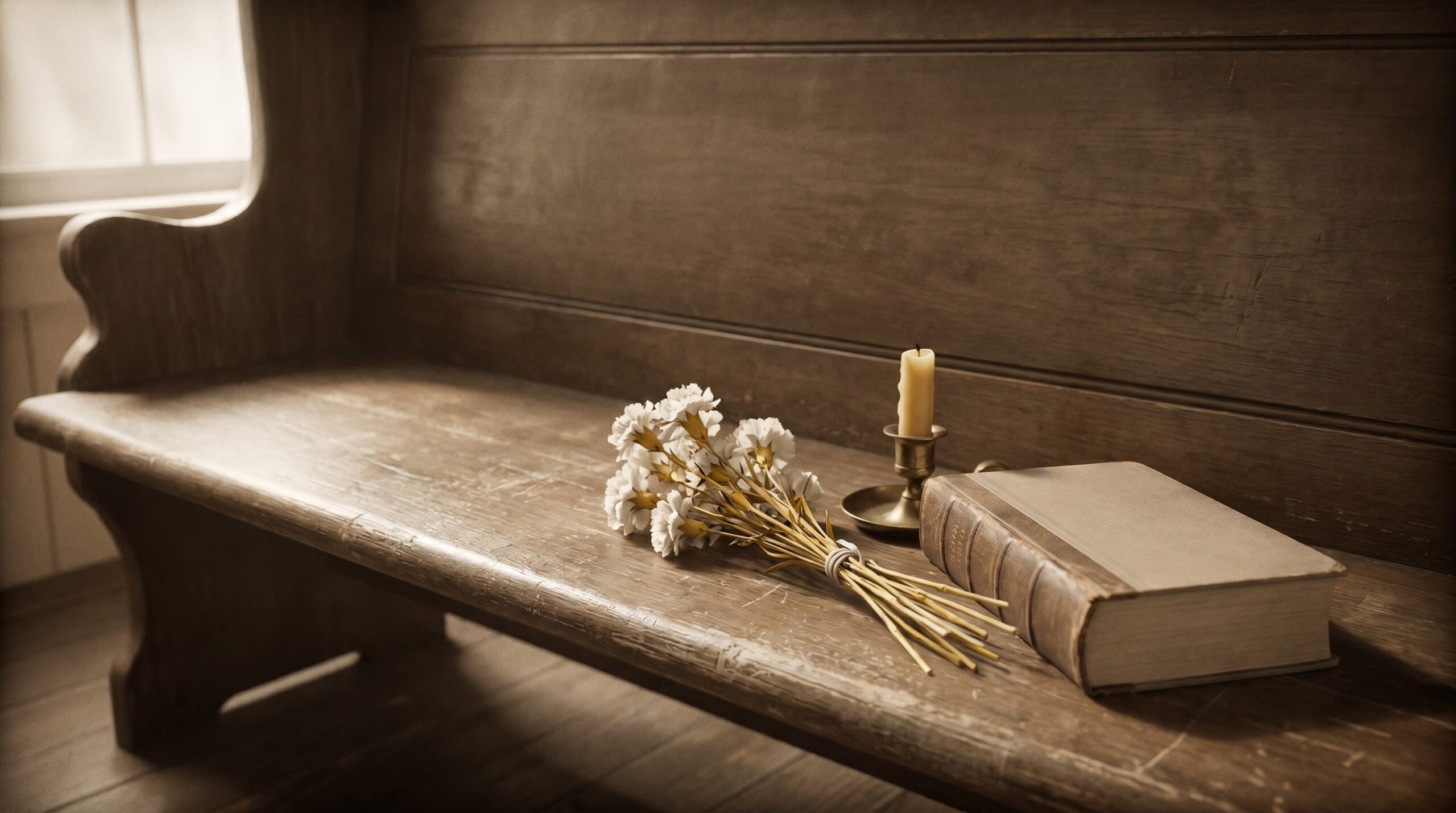 white carnations resting on an old wooden church pew
