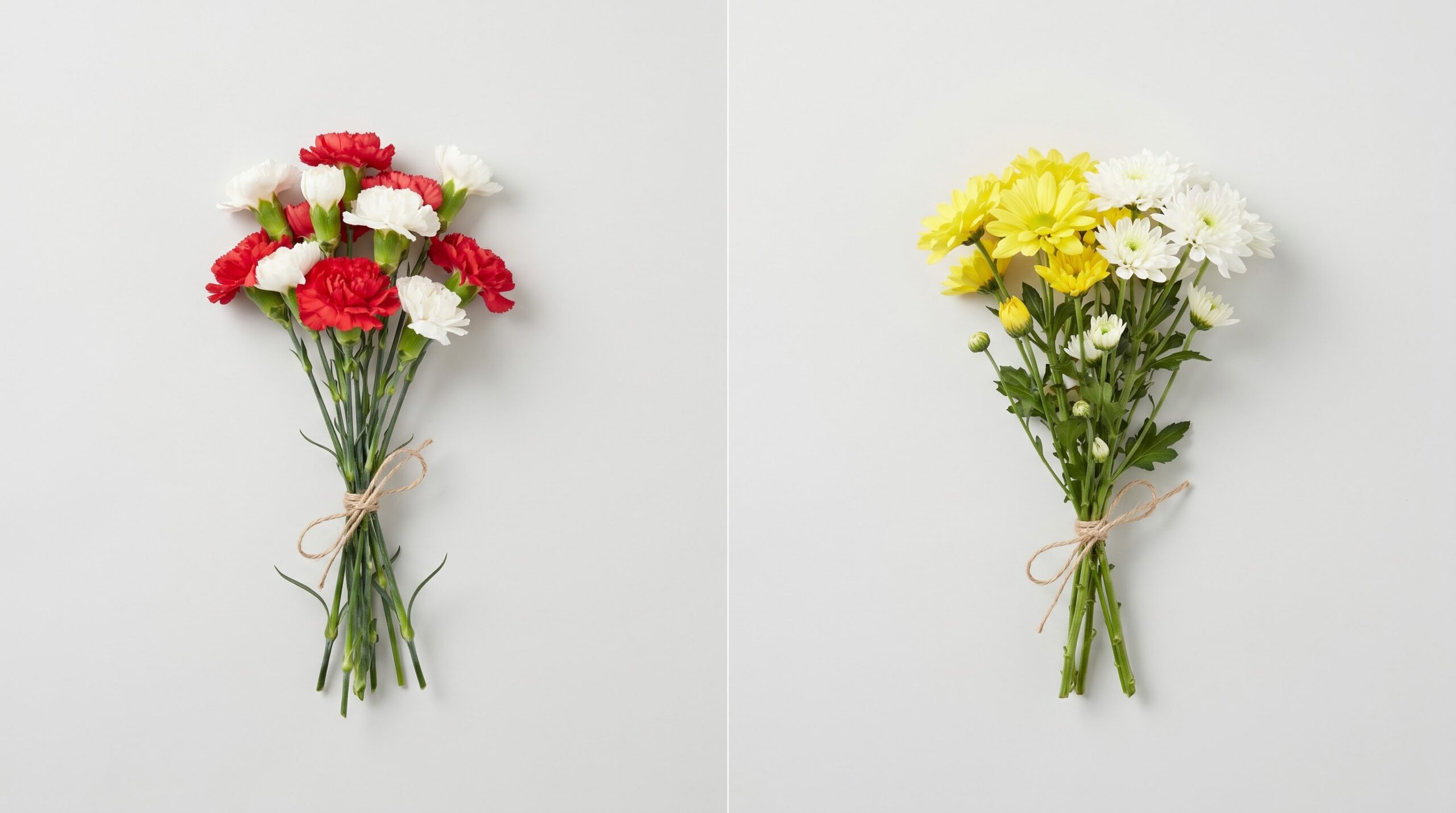 carnations beside chrysanthemums in a world-flower comparison