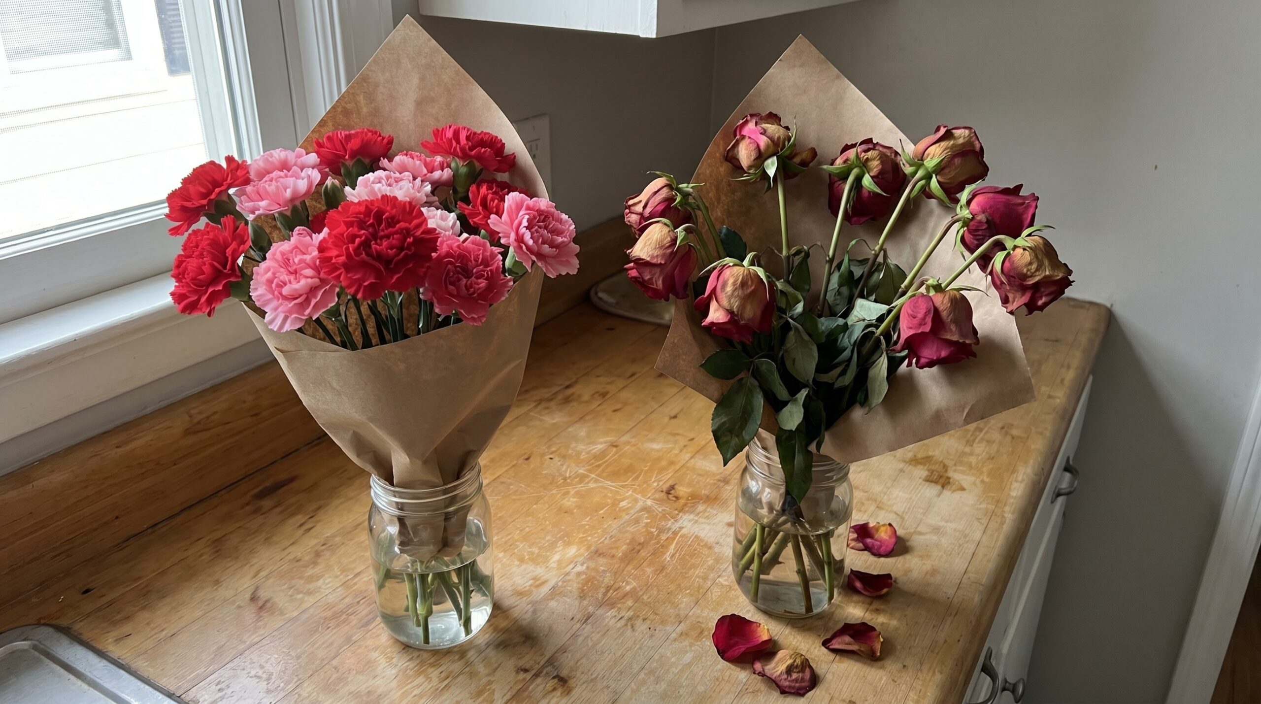 fresh carnations beside a wilting rose bouquet on a counter