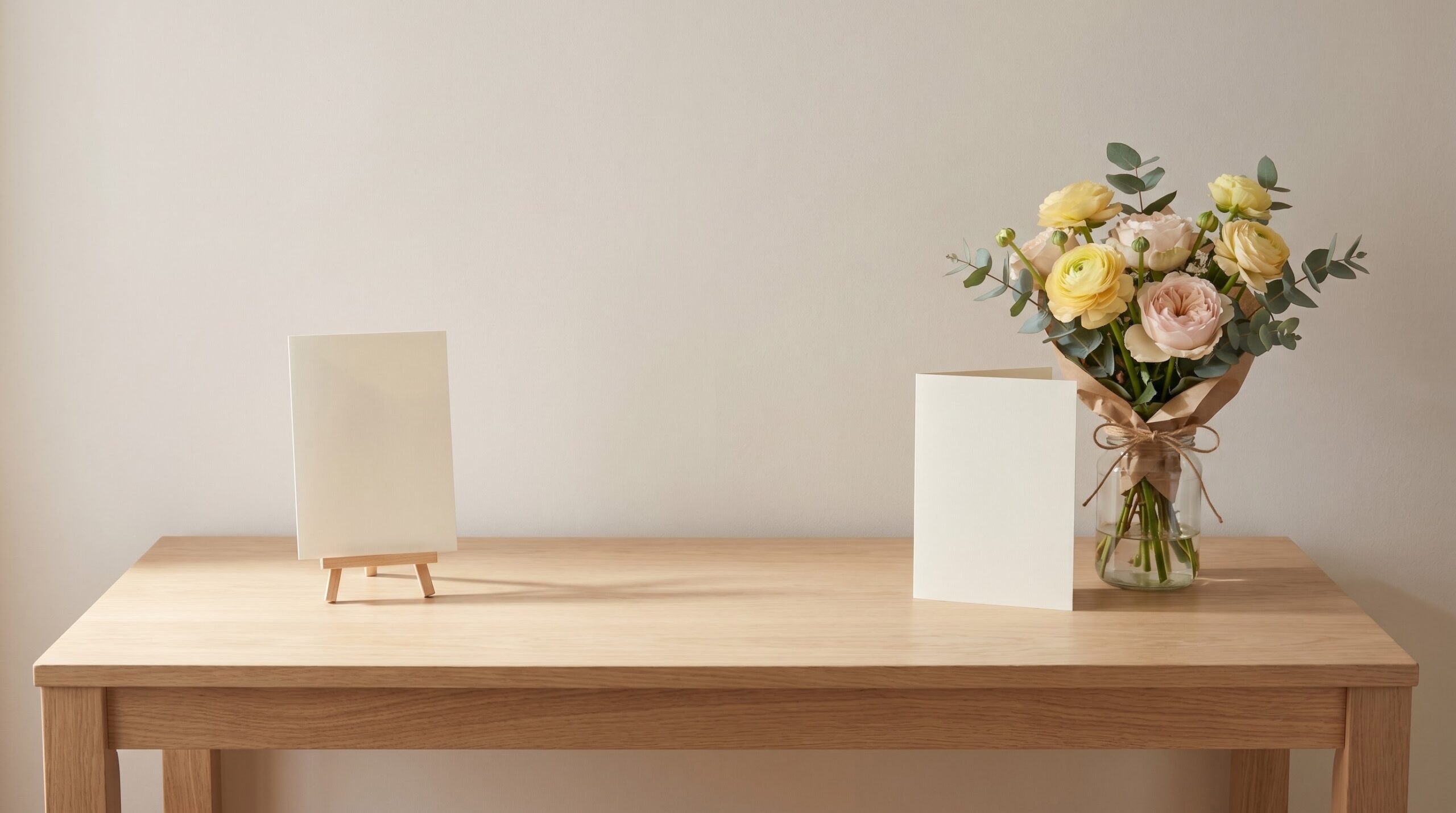 A plain card alone beside a card paired with a modest bouquet