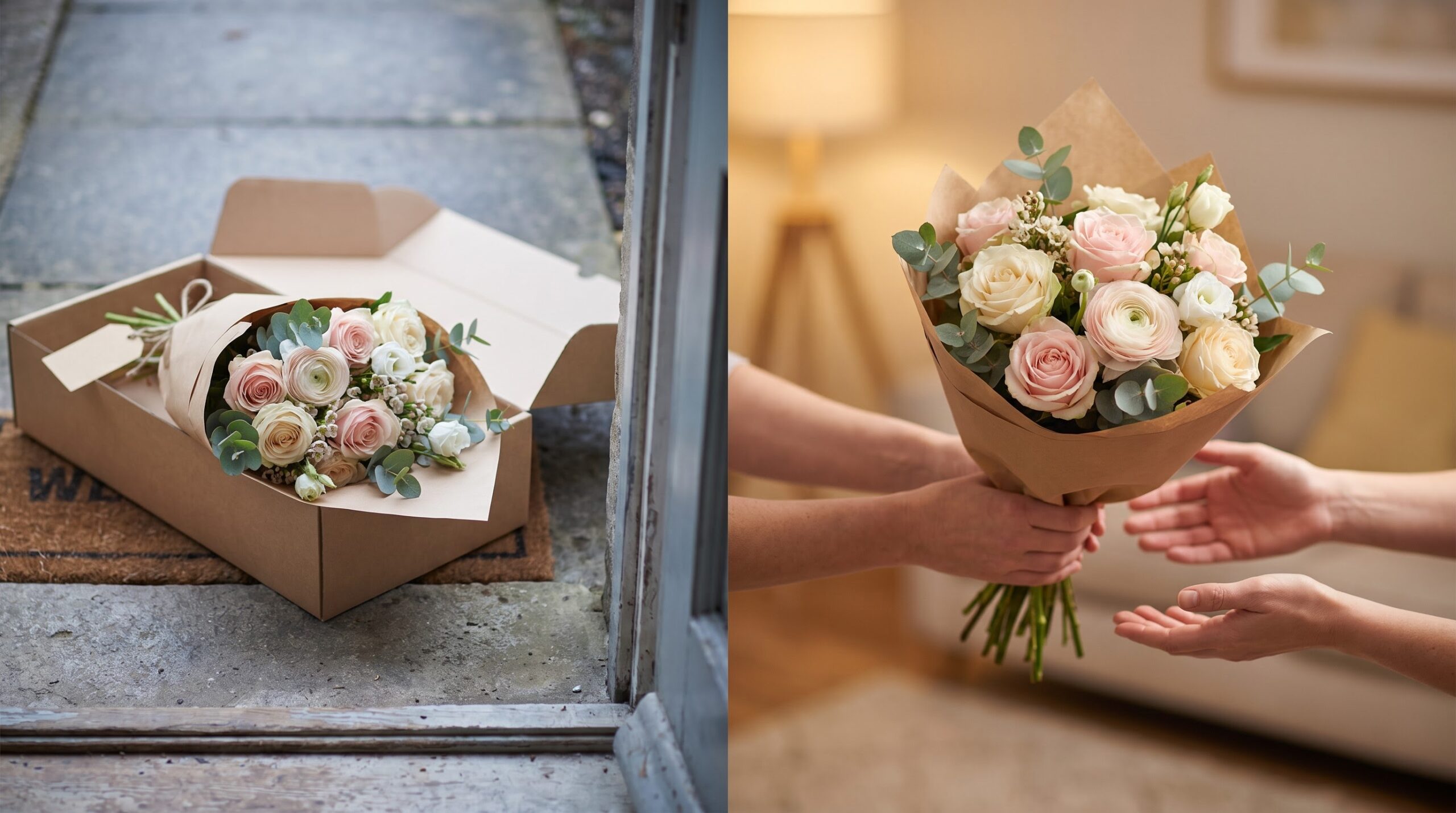 A delivered doorstep bouquet beside a bouquet being handed over in person