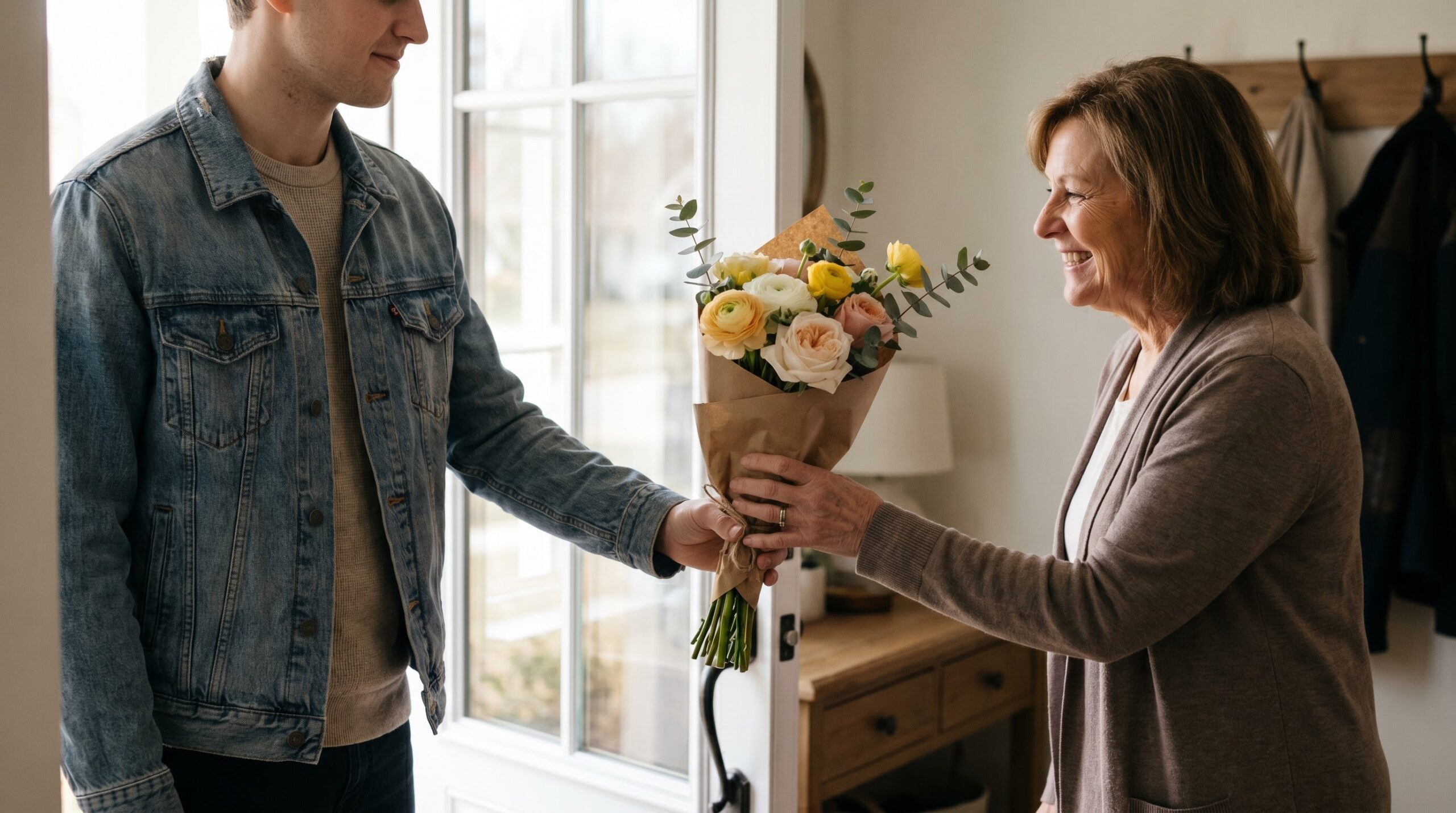 Young man handing a modest bouquet to an older woman at her doorway
