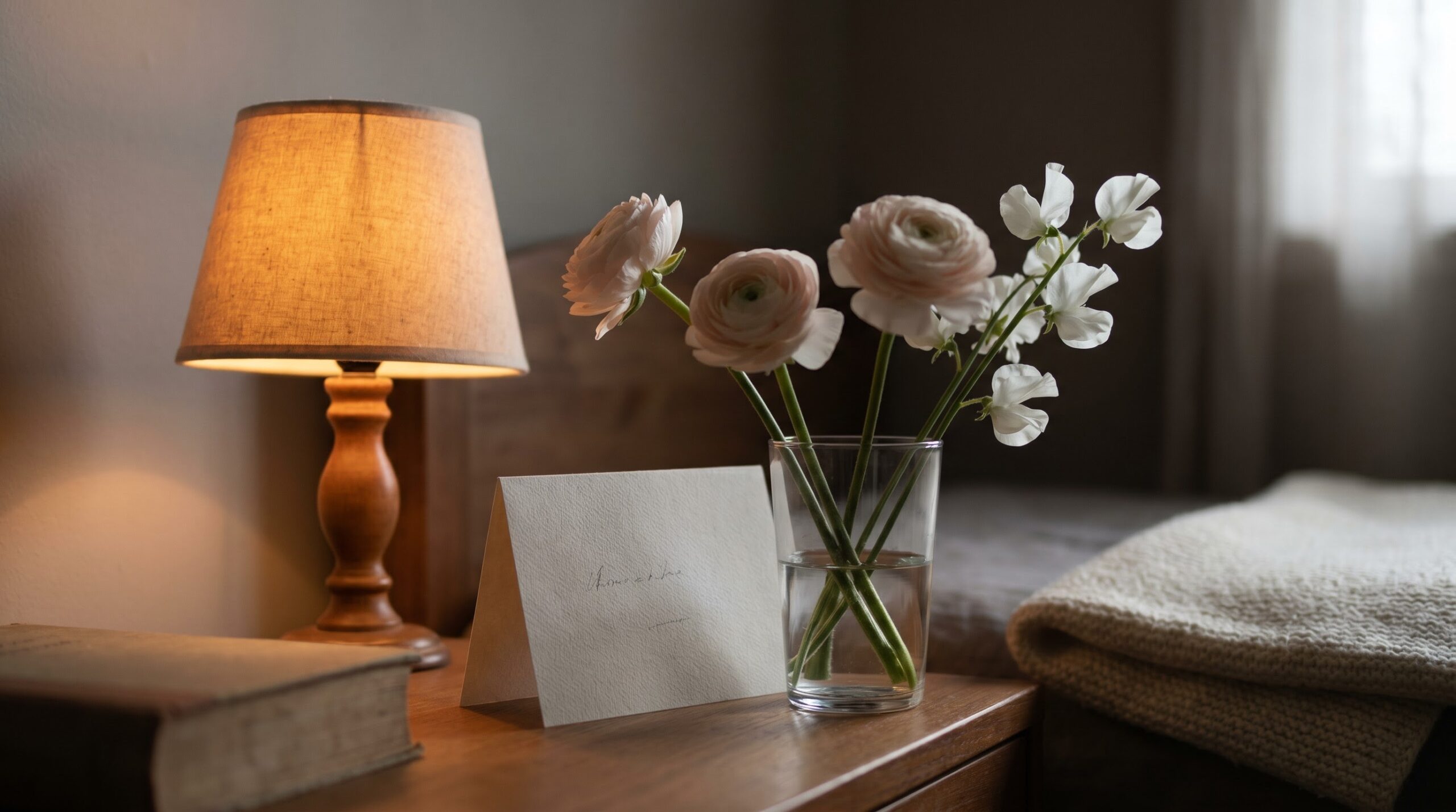 A small posy and blank card resting on a nightstand at night