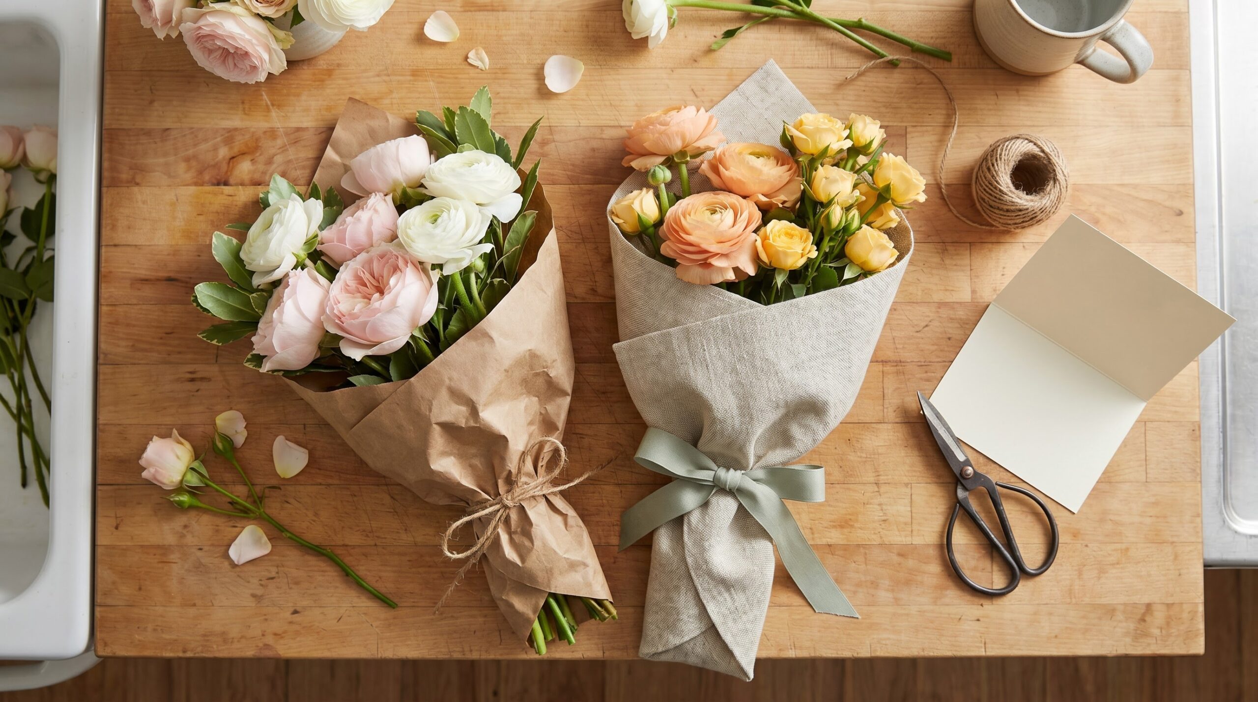 Two modest, differently wrapped bouquets resting side by side on a counter