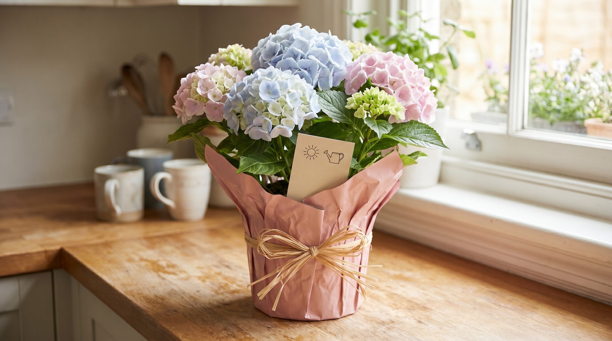 gifted potted hydrangea wrapped in foil with a care tag