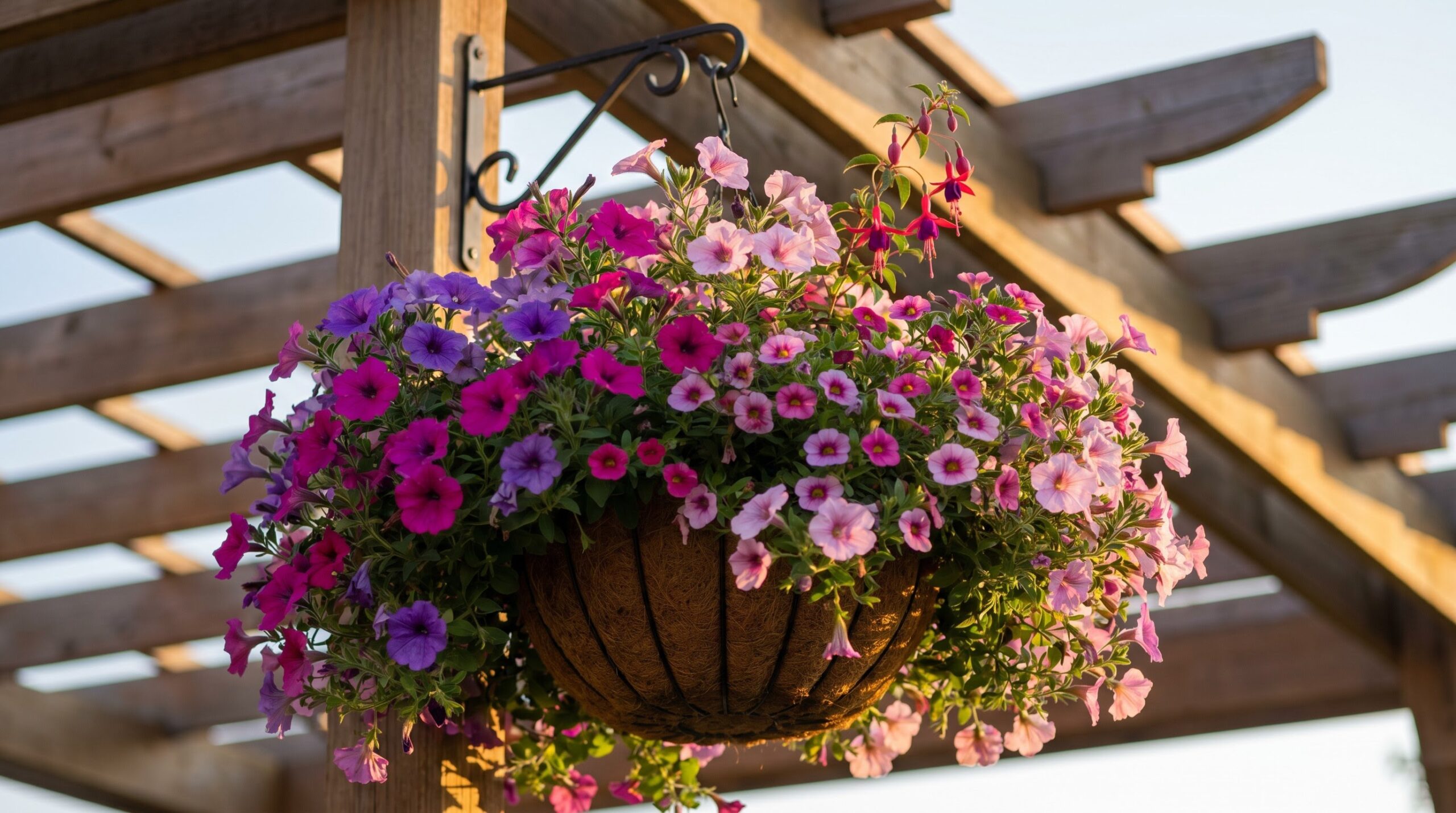 a hanging basket overflowing with pink and purple petunia blooms
