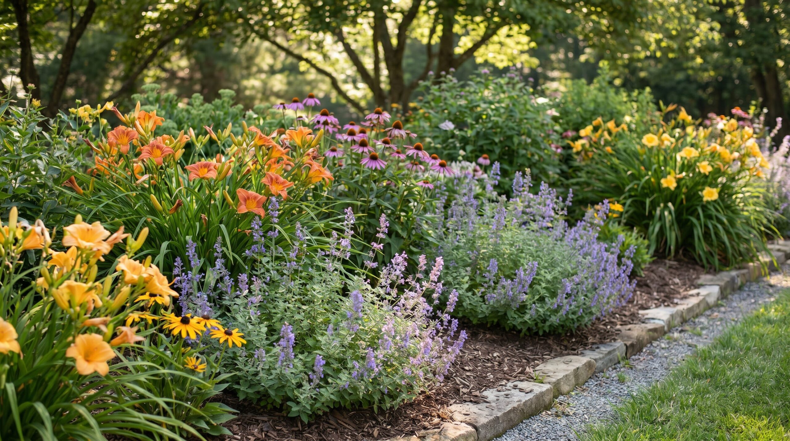 a perennial garden bed with daylilies and coneflowers in bloom