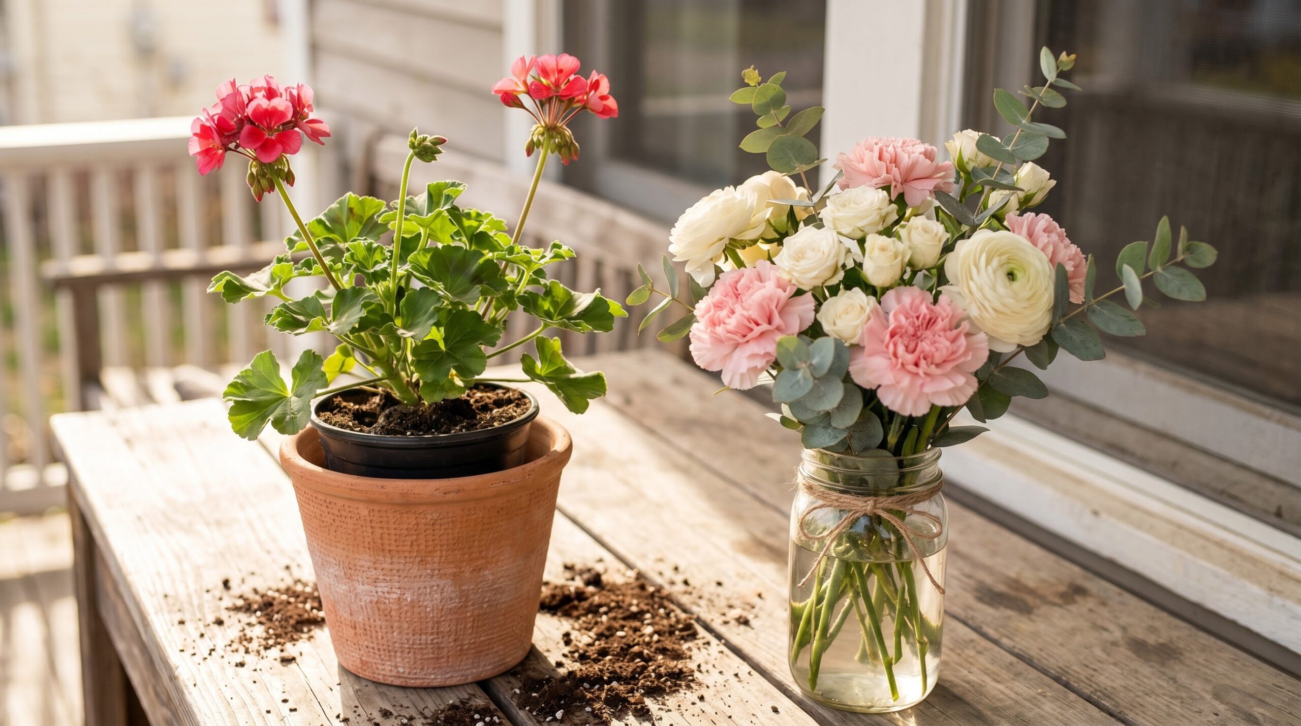 potted geranium and a small cut bouquet side by side