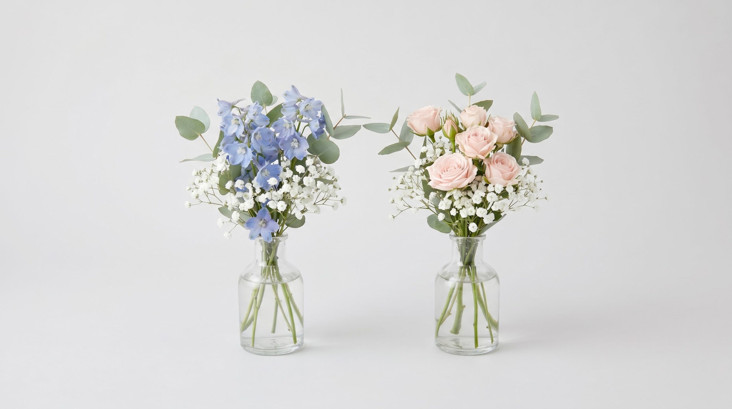 matching soft-blue and soft-pink mini arrangements in identical small vases