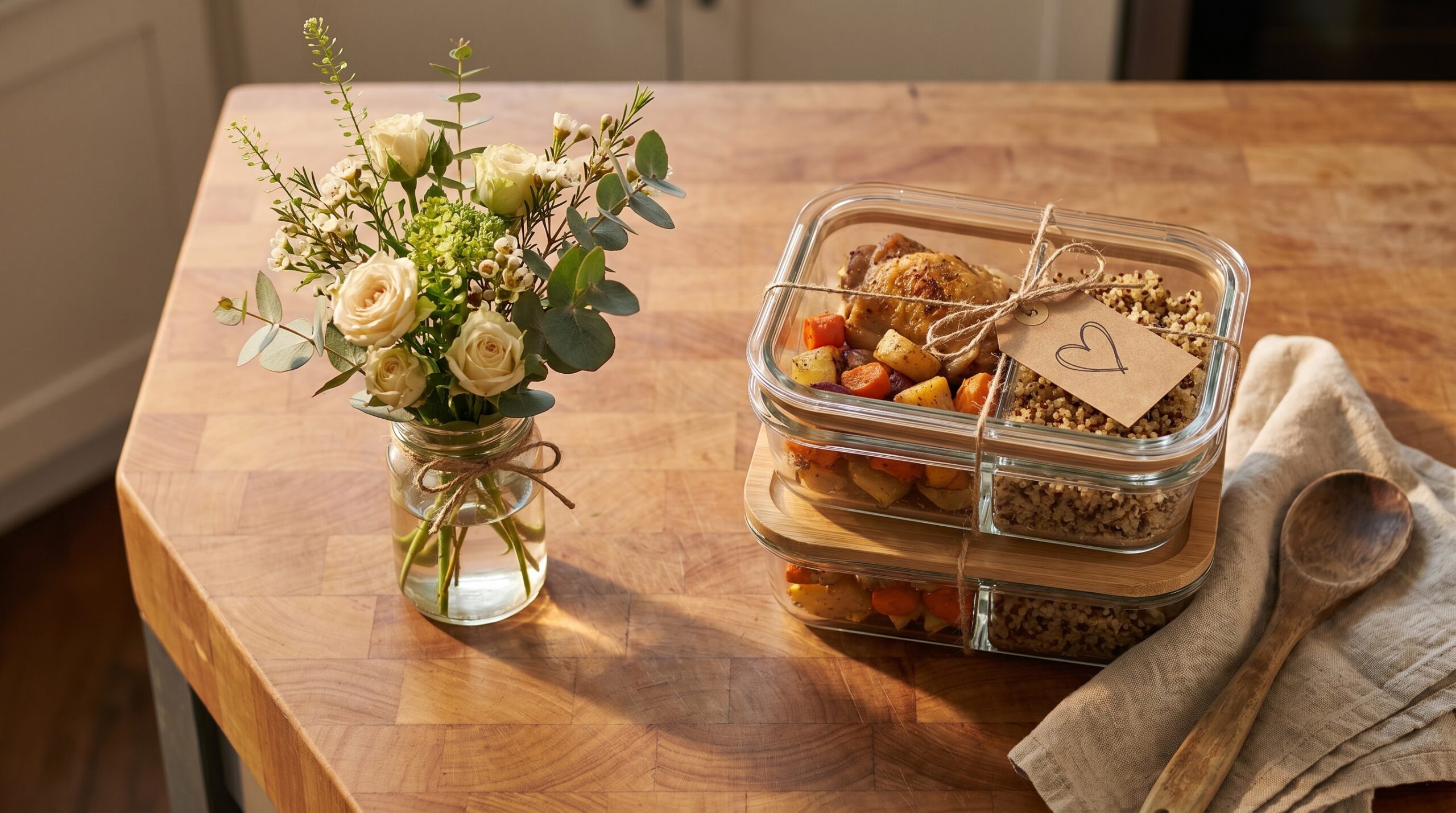small flower posy beside stacked home-cooked meal containers for new parents