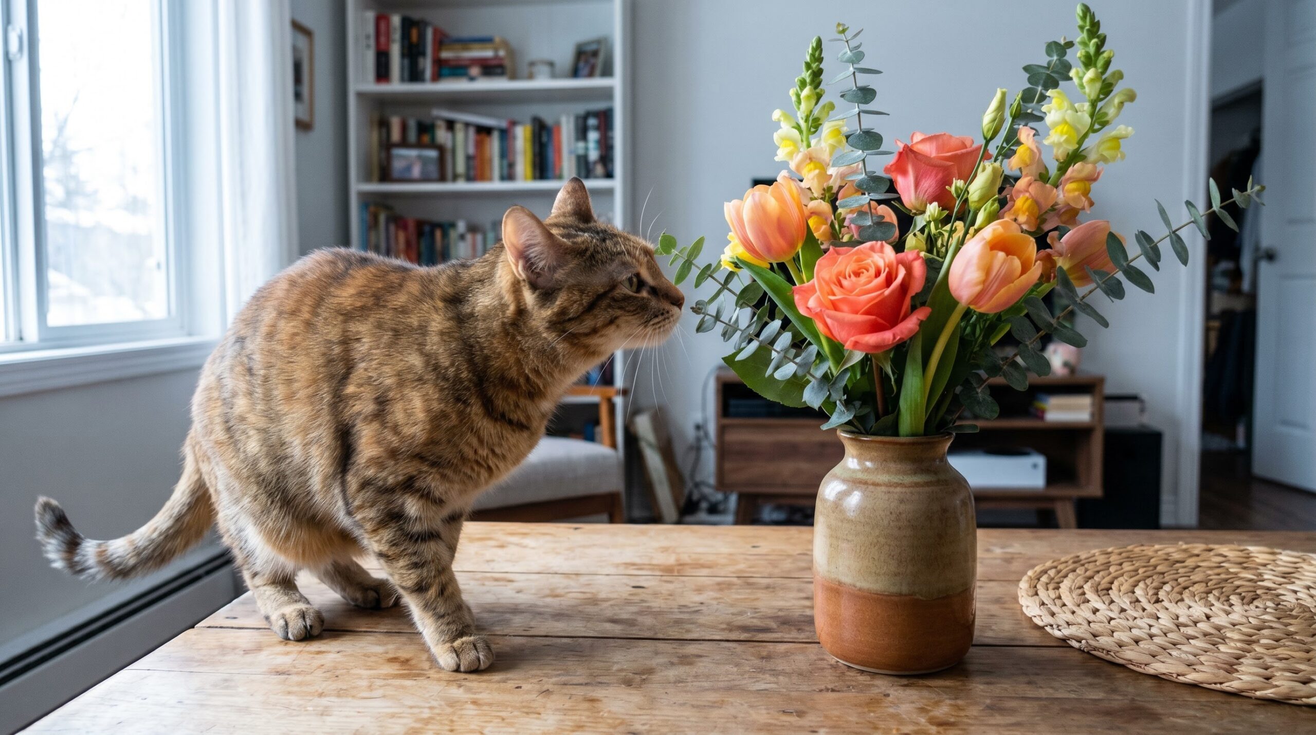 lily-free bouquet on a table with a curious cat nearby at home