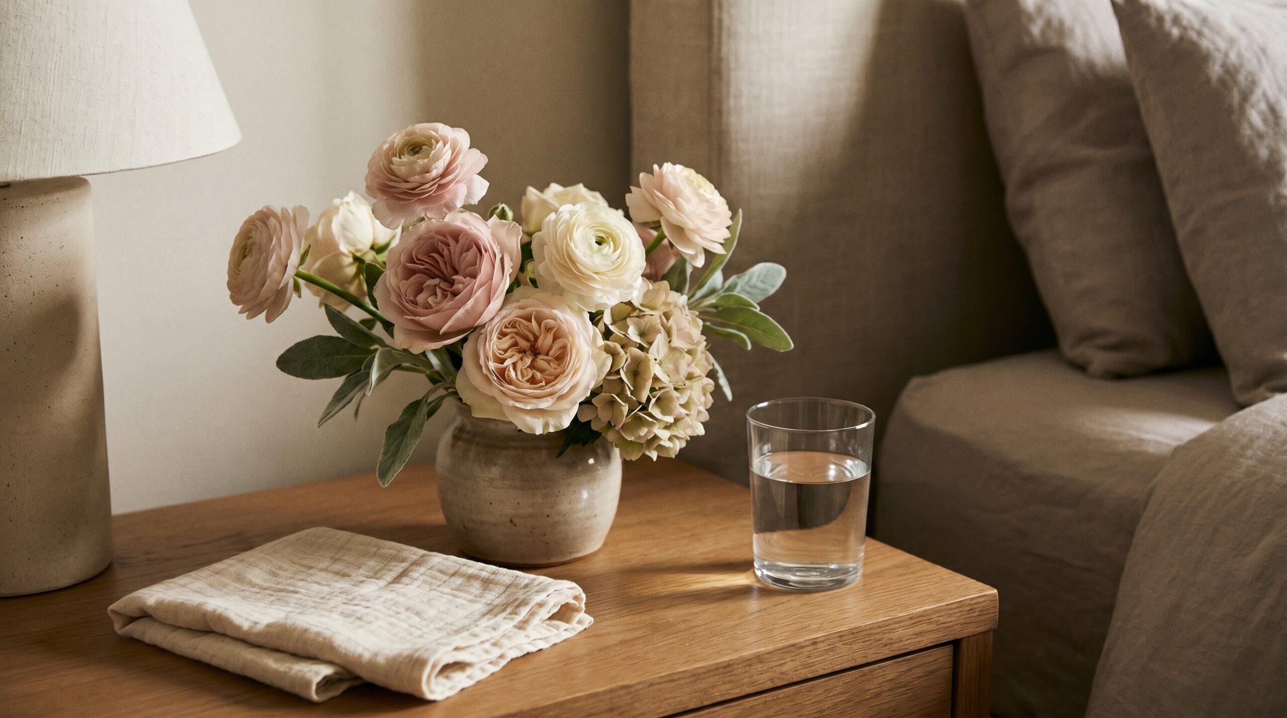 small lily-free arrangement on a nightstand for a new mother, not the nursery