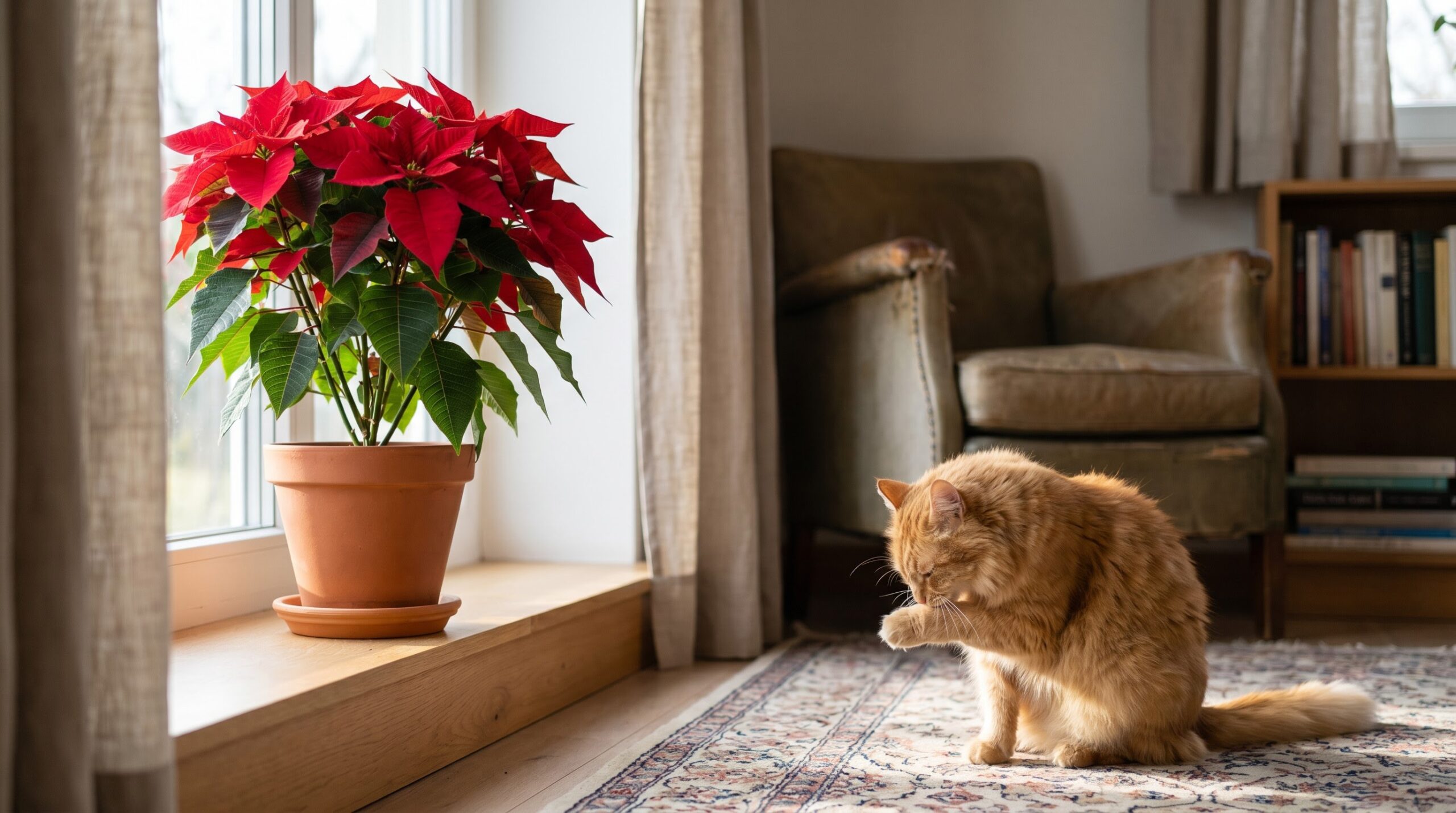 a calm cat resting near a healthy potted poinsettia