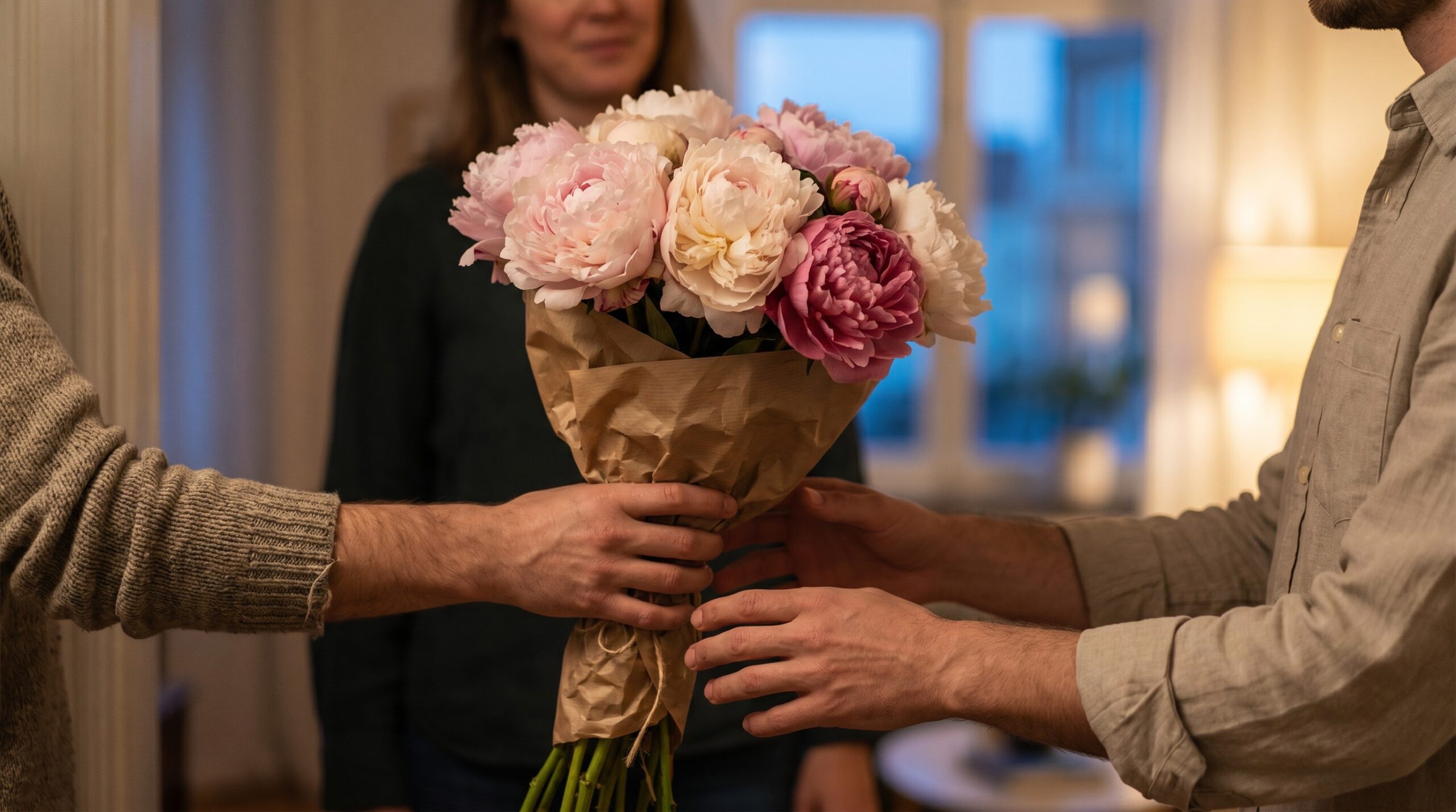 hand offering a blush peony bouquet in a warm home entryway