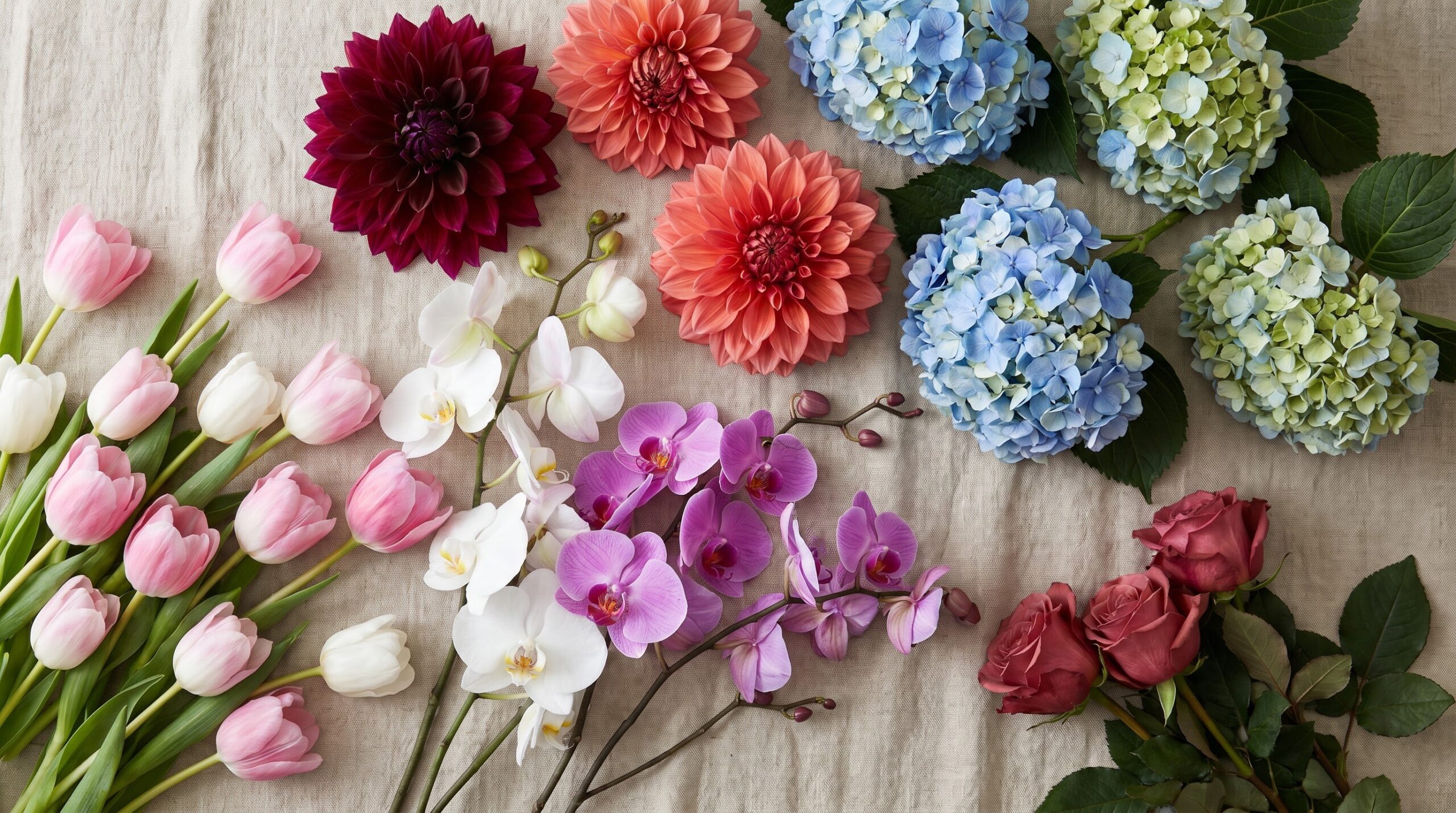 red roses beside tulips, orchids, dahlias, and hydrangeas