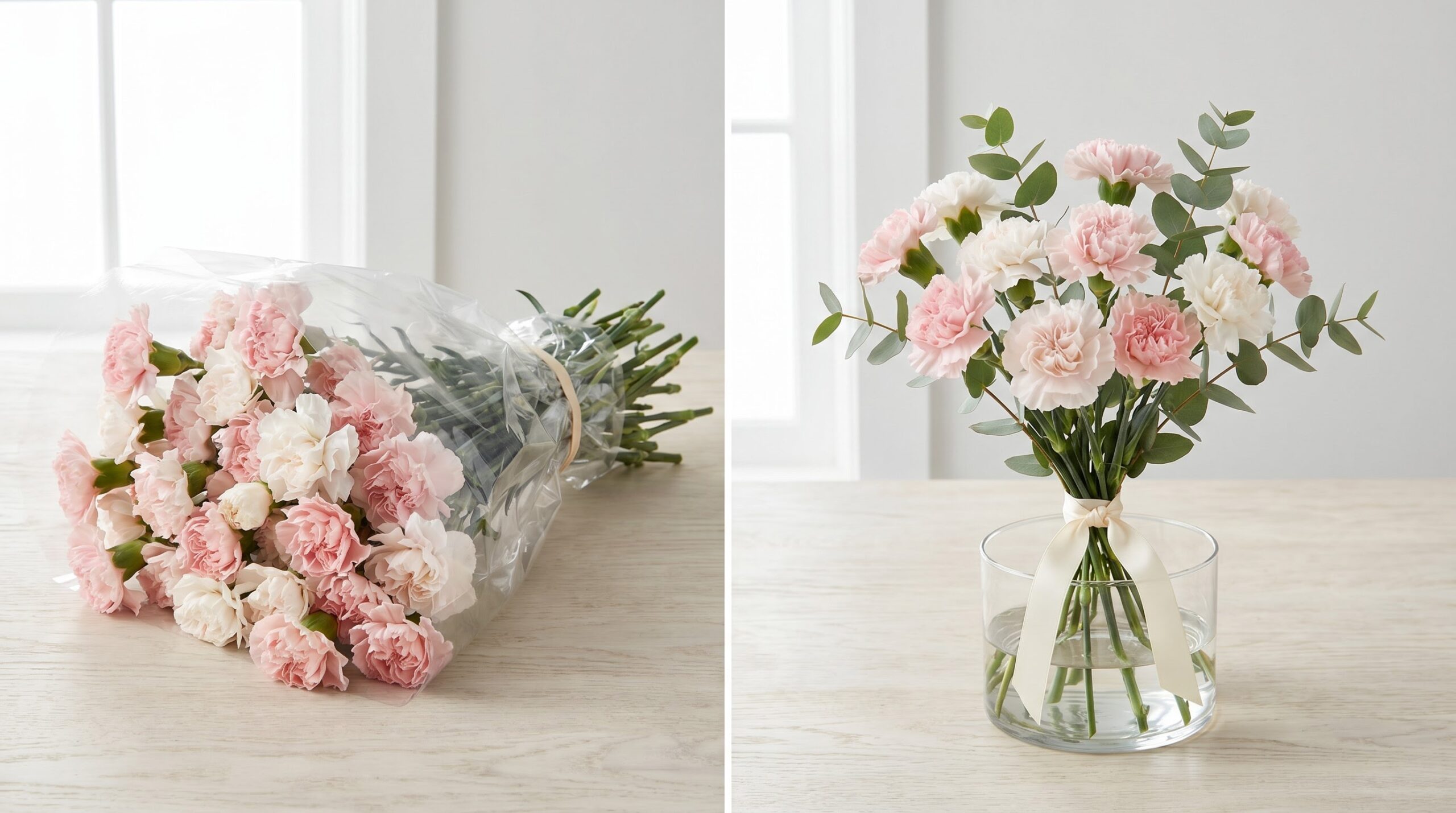 Oversized cheap carnation wrap beside a smaller well-arranged version