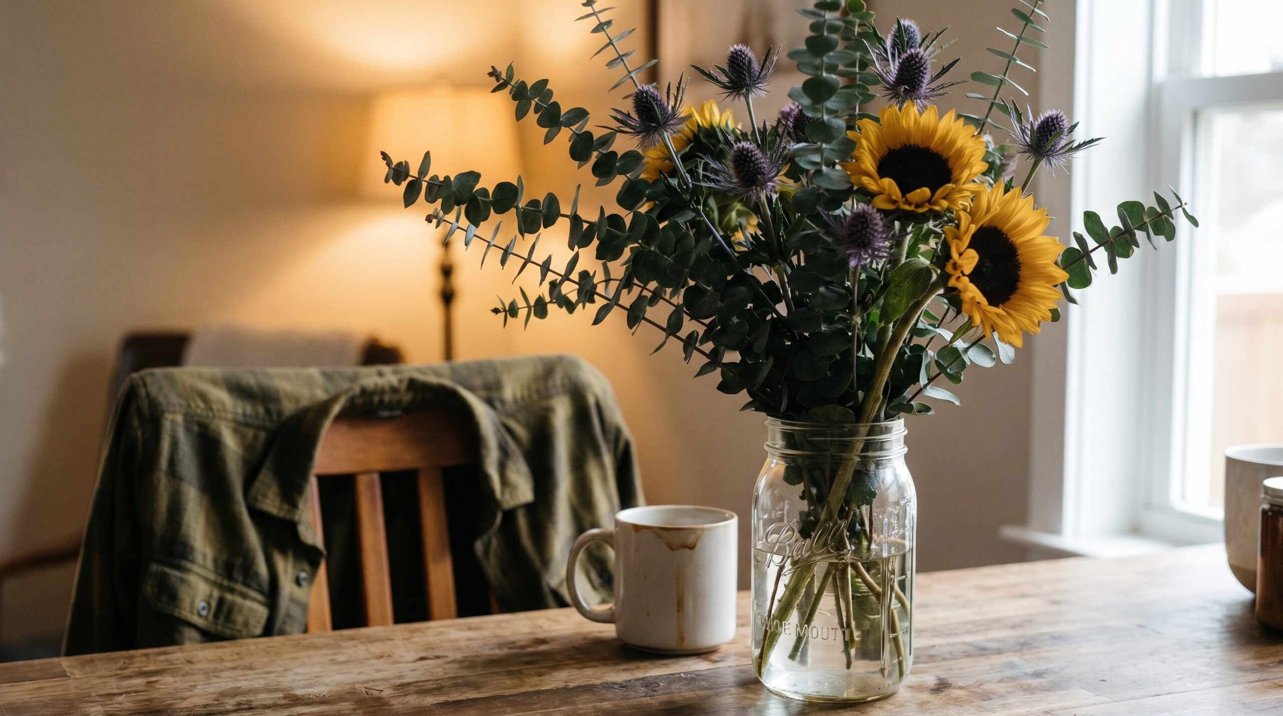 Masculine eucalyptus and sunflower arrangement in a plain mason jar