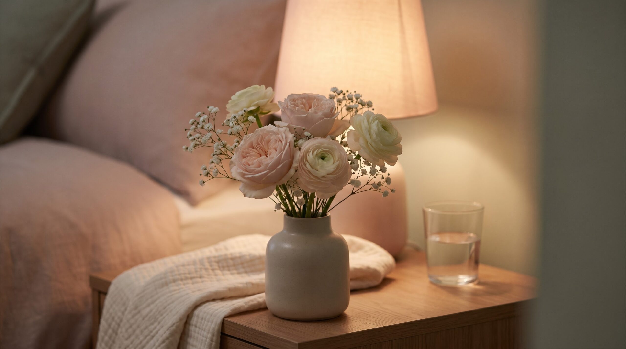Soft blush bouquet on a bedroom nightstand beside a dim lamp