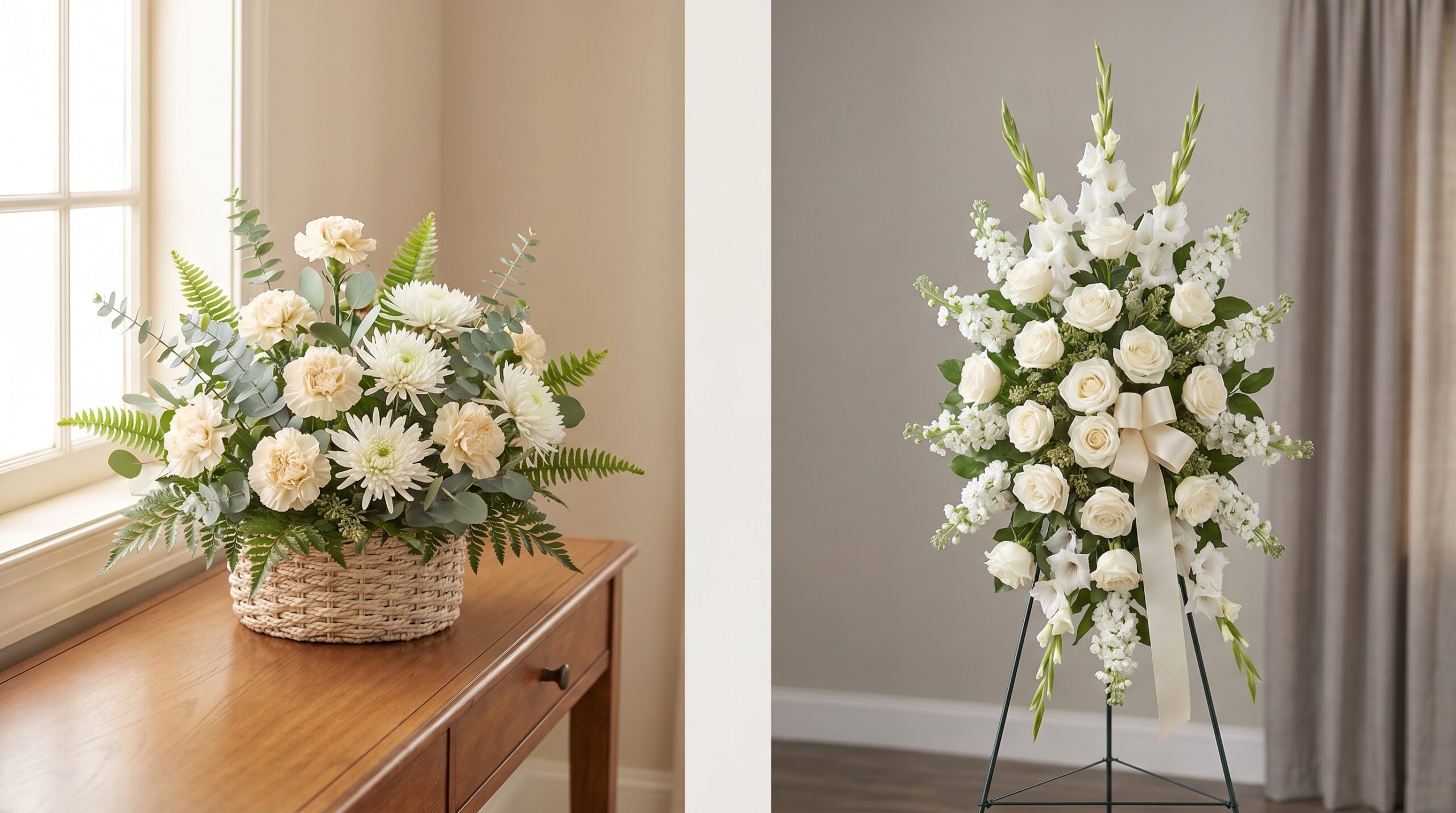 A small home sympathy basket beside a tall standing spray for a funeral service