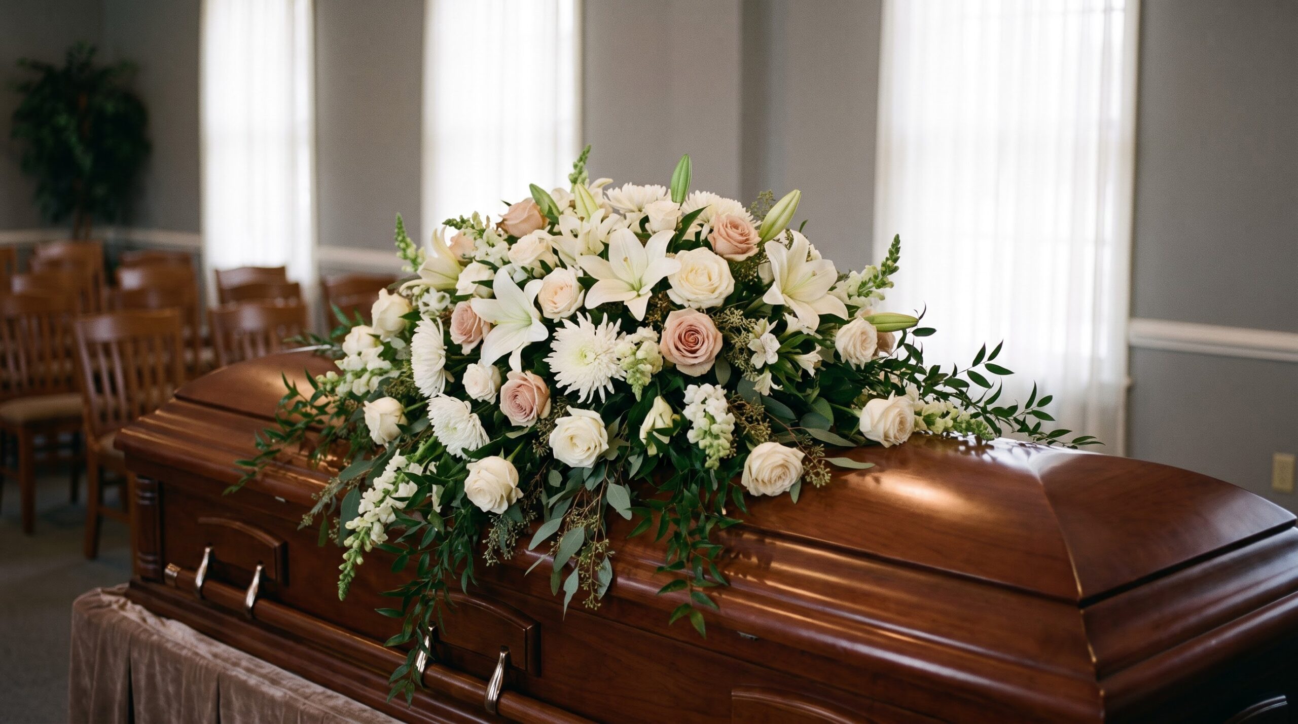White lily and rose casket spray draped over a closed casket lid