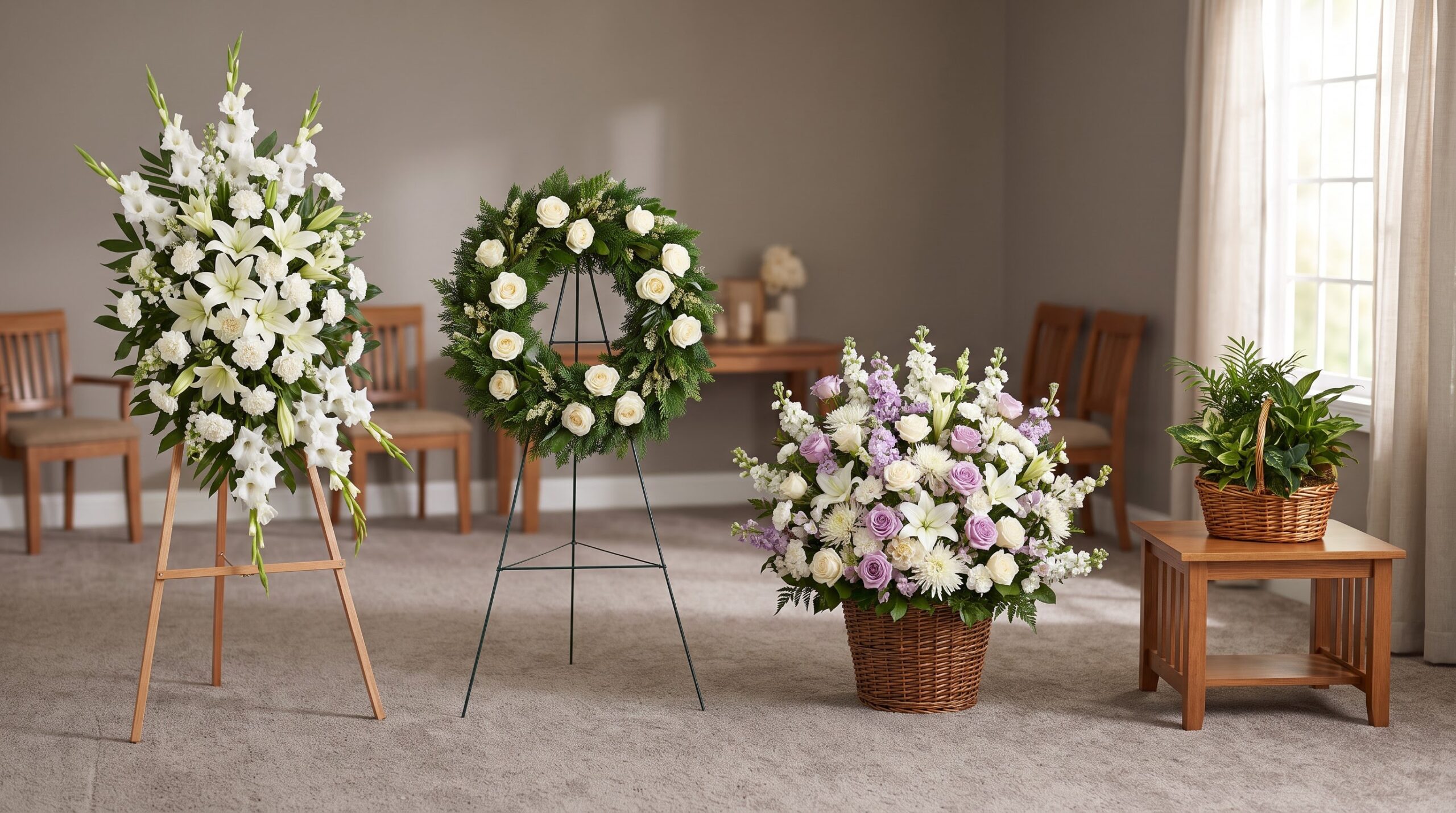 Standing spray, wreath, floor basket, and dish garden arranged in a visitation room