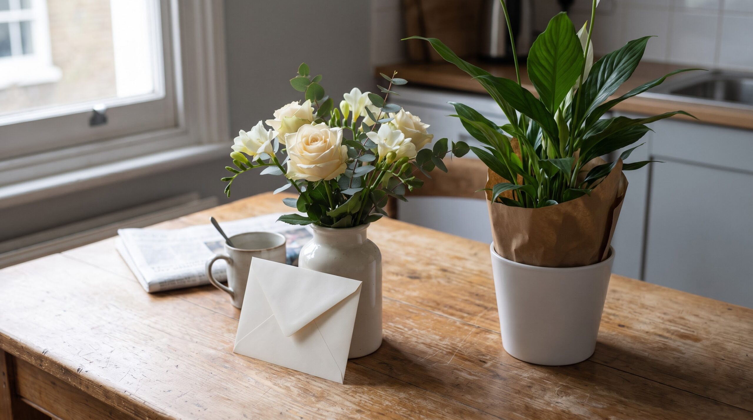 Small sympathy bouquet and peace lily newly delivered to a kitchen table