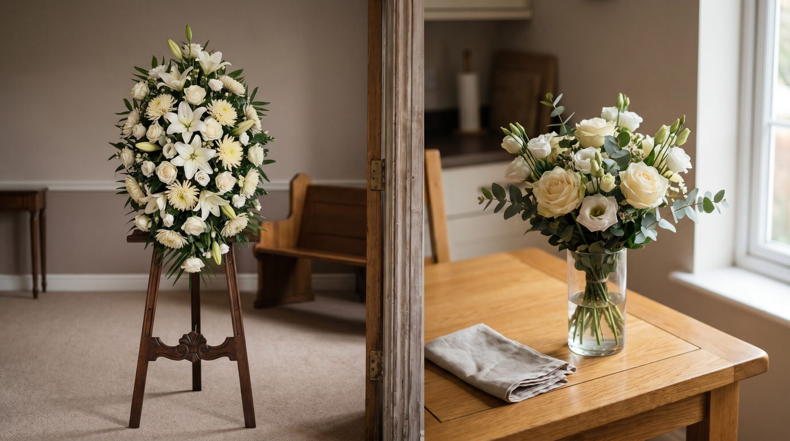 A tall funeral standing spray beside a small sympathy bouquet on a home table