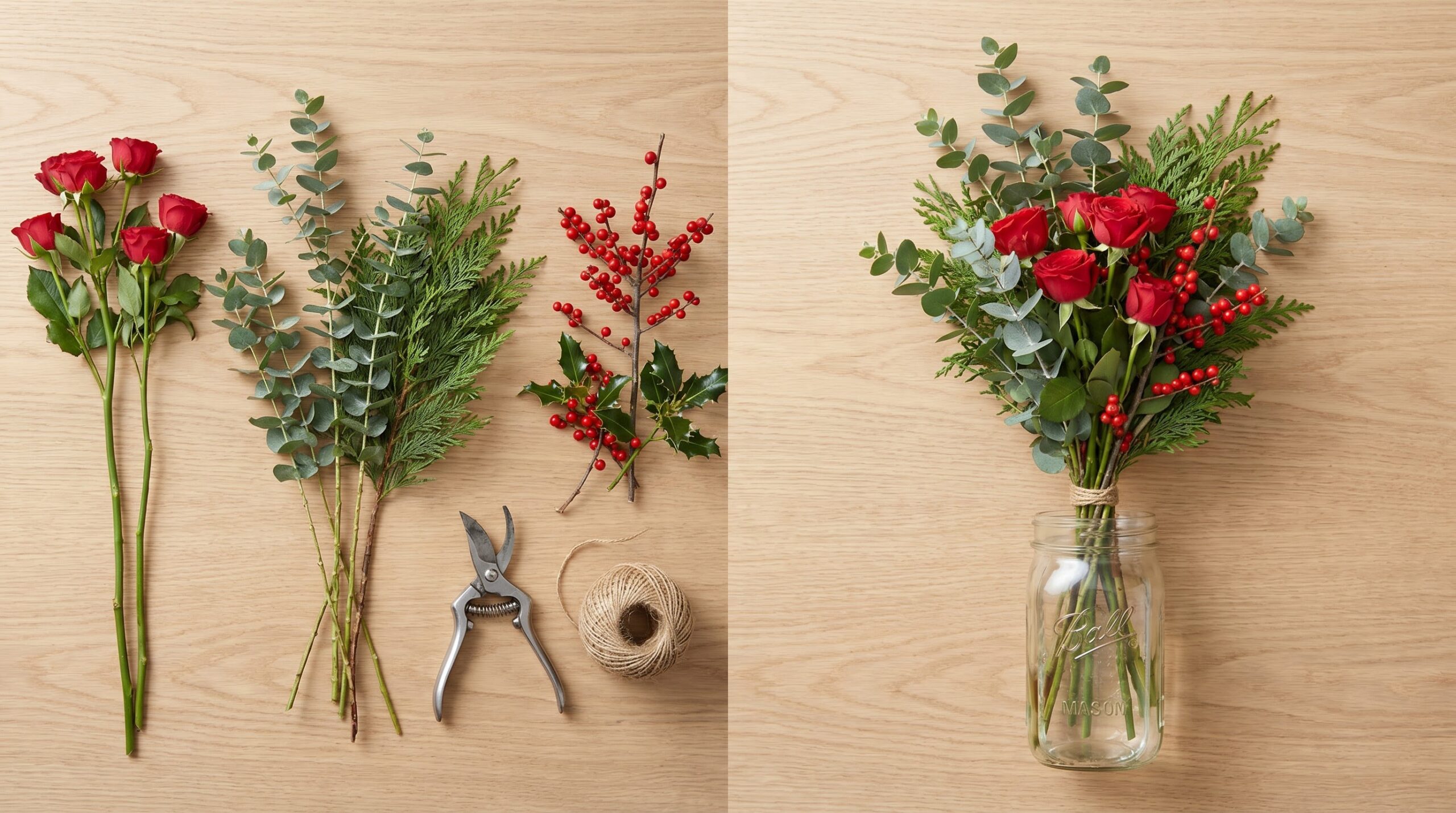 raw stems and greenery beside a simple finished Christmas bouquet