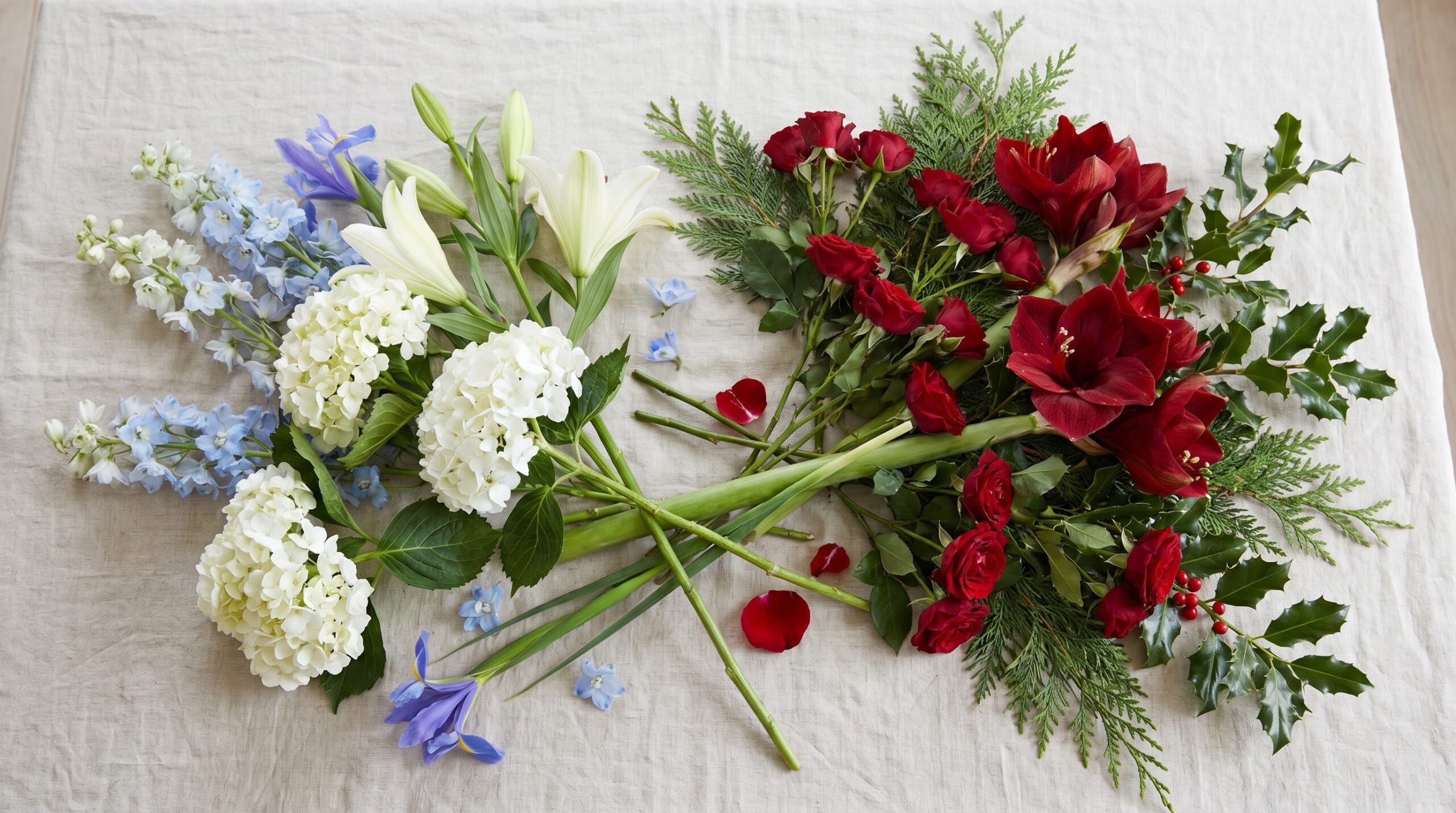 a mixed arrangement blending blue-white and red-green holiday color palettes