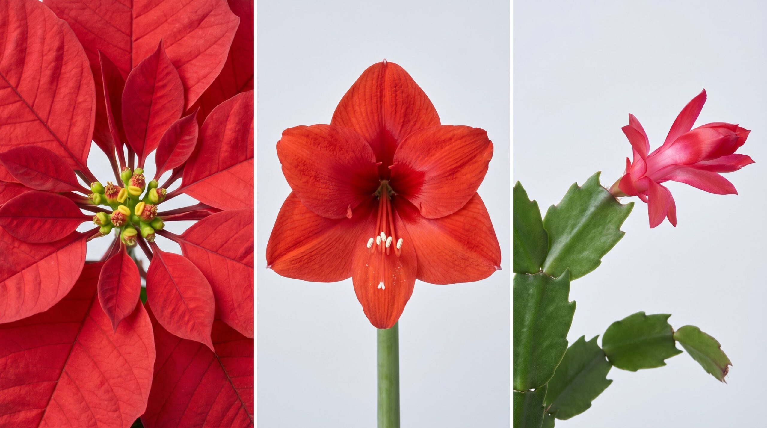poinsettia bracts, amaryllis bloom and Christmas cactus flower side by side