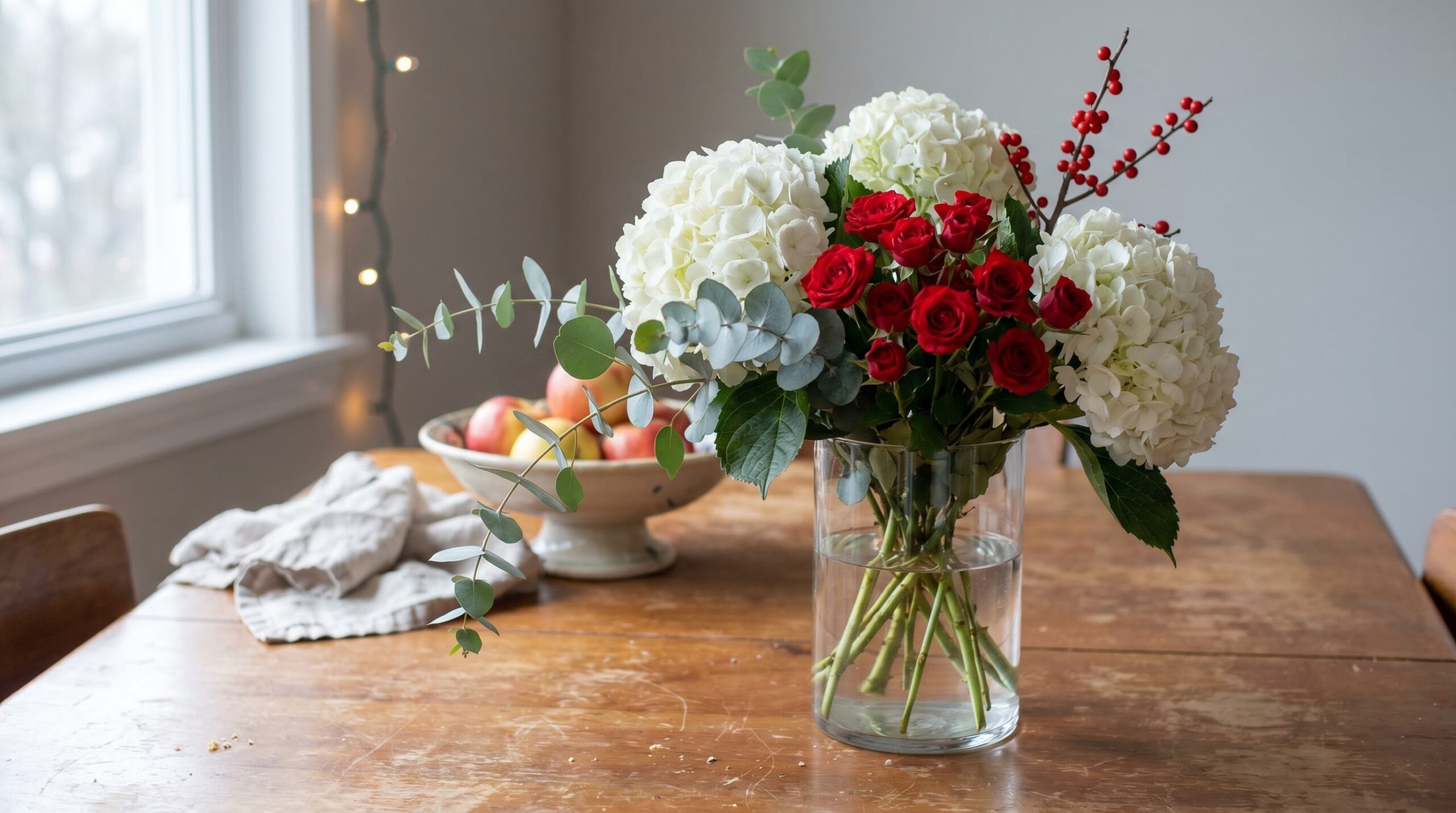mixed white and red grocery-store bouquet in a glass vase at home