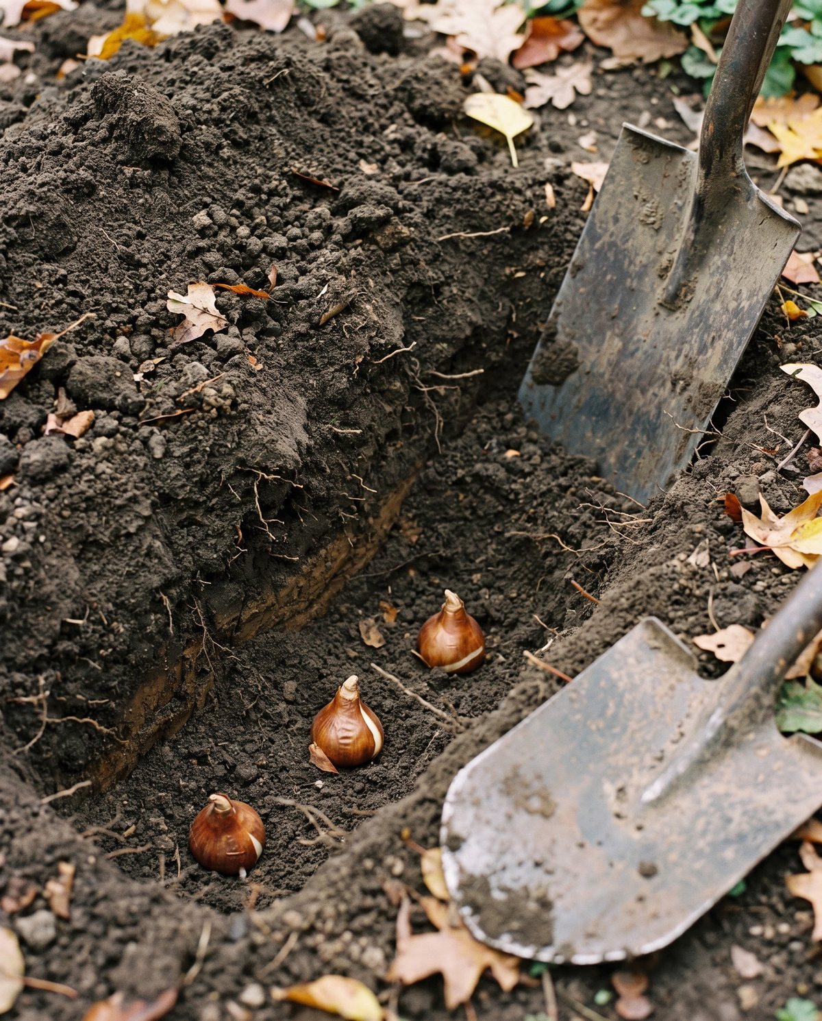 Side view of a planting trench showing tulip bulbs set deep with pointed ends up