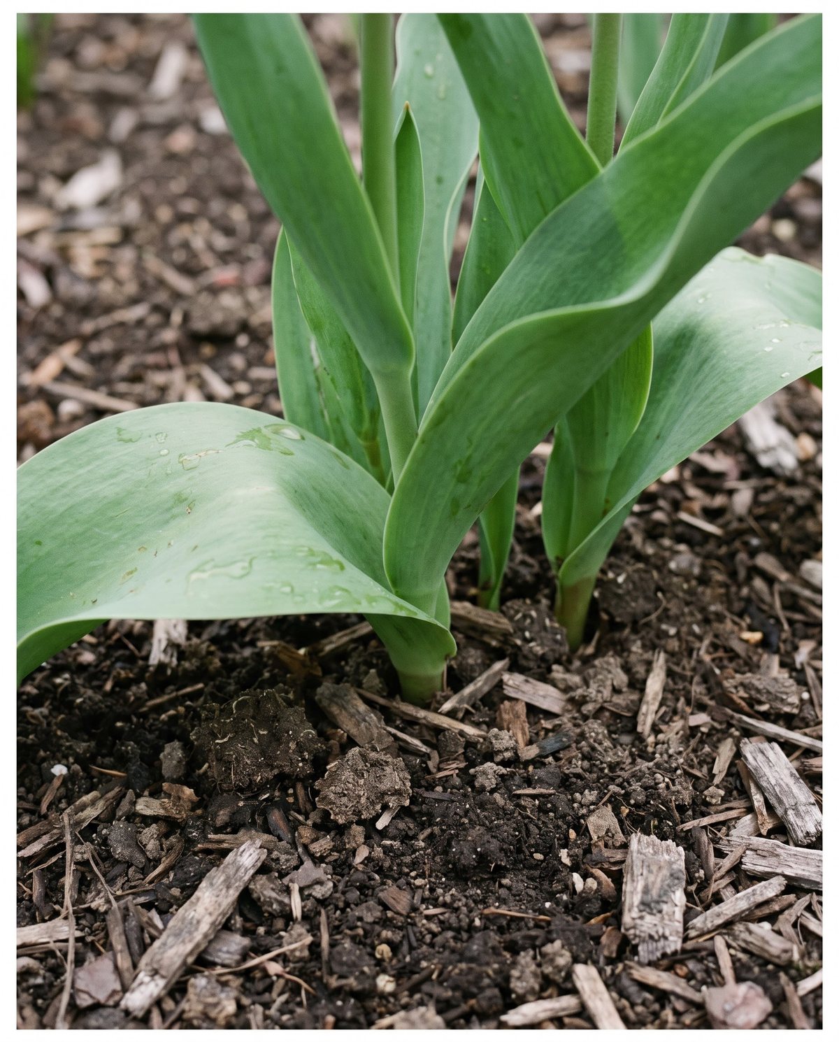 A tulip plant with large floppy strap-shaped leaves and no flower stalk or bud
