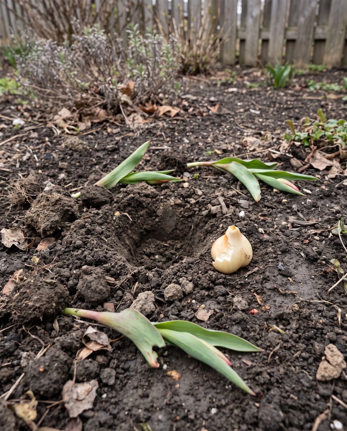 A spring bed disturbed by digging animals with scattered soil and an unearthed tulip bulb