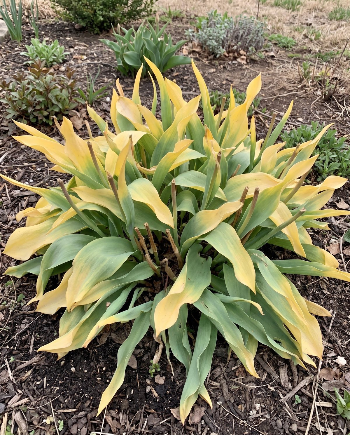 Tulip foliage yellowing evenly from the tips weeks after flowering, the normal summer dieback