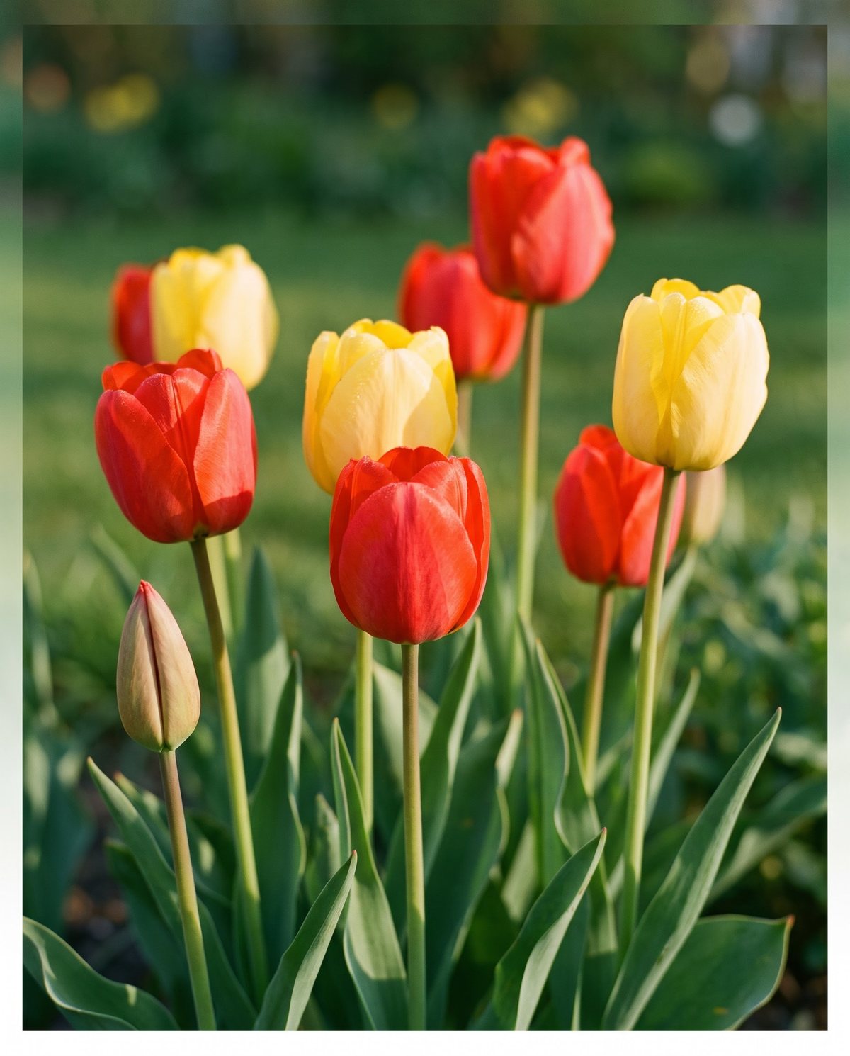 Short-stemmed single early tulips in warm red and yellow, cup-shaped blooms open in a spring border