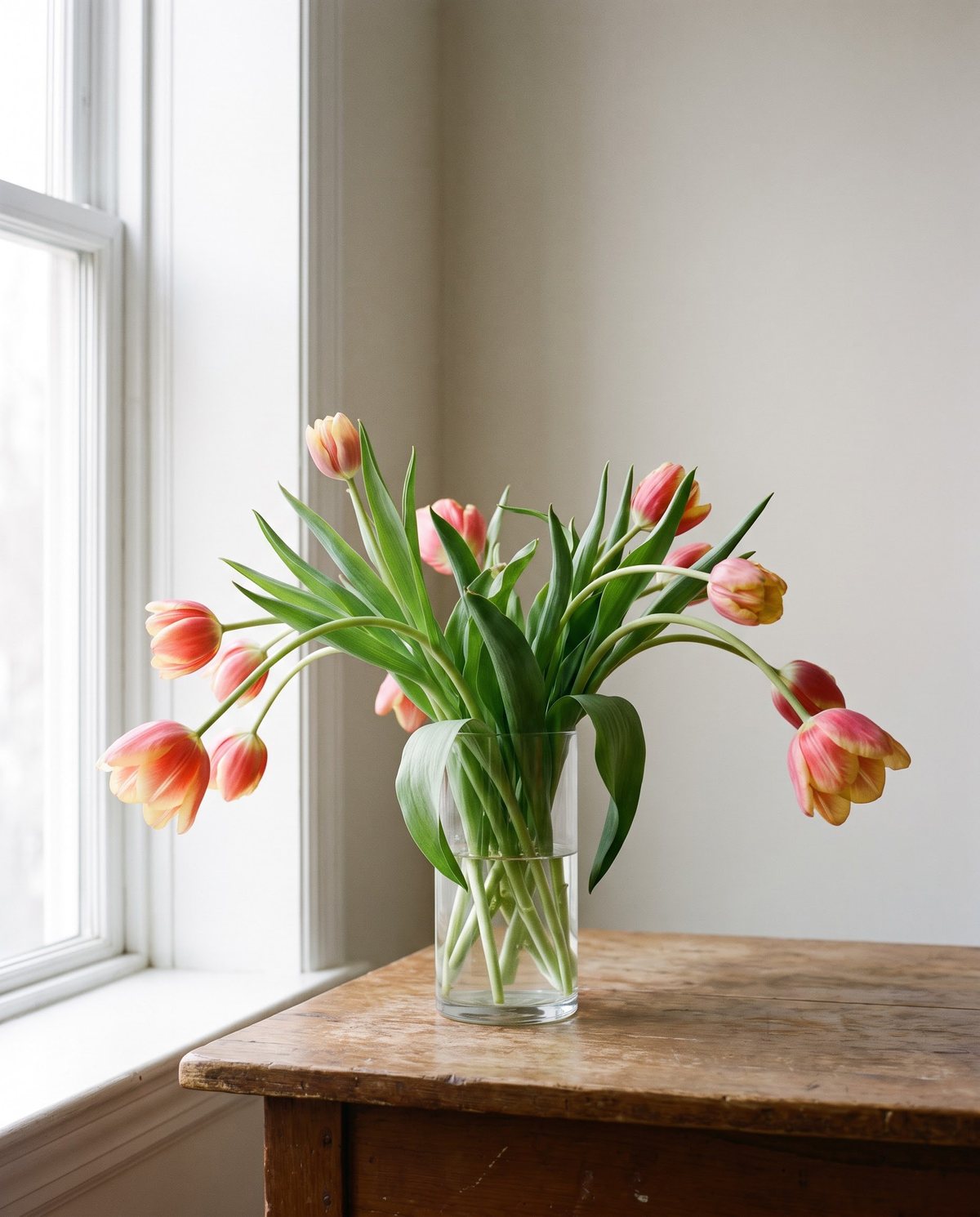 Cut tulips in a clear vase bending and leaning toward a bright window