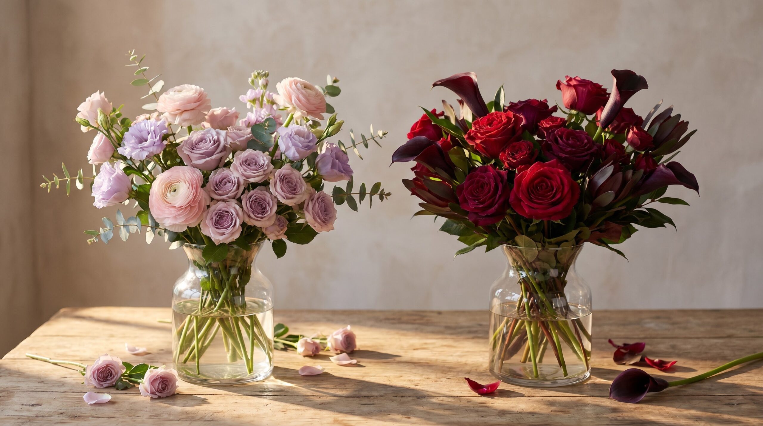 soft pink bouquet for mom beside a bold red bouquet for a partner