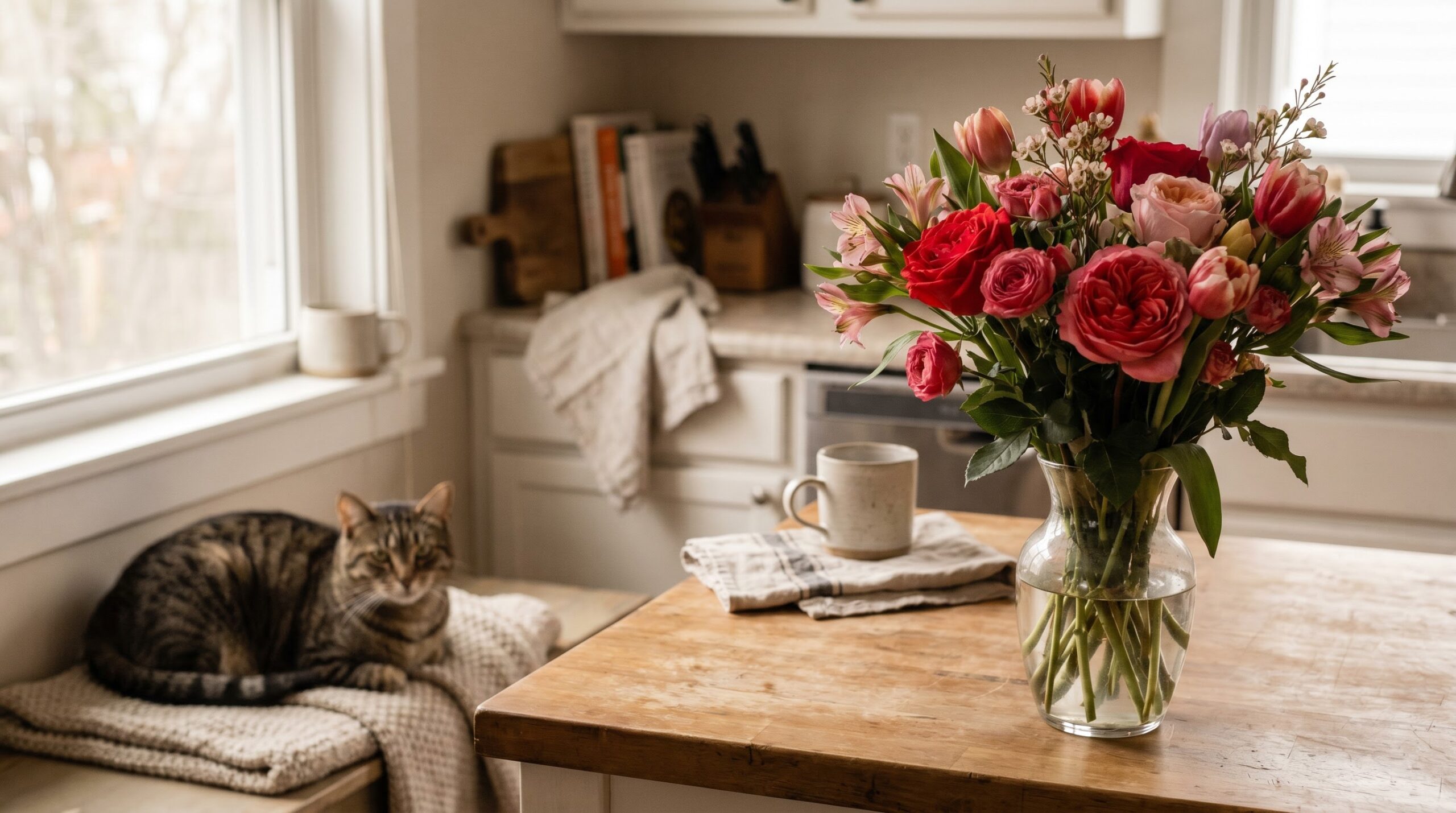 lily-free Valentine's bouquet on a counter near a calm house cat