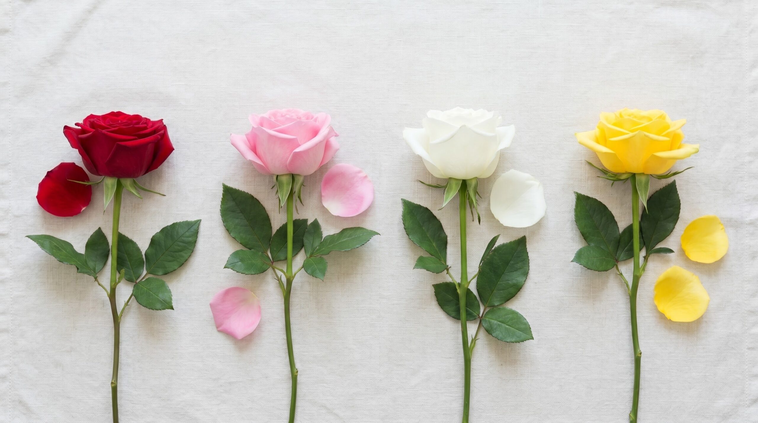 red, pink, white and yellow roses laid side by side for comparison
