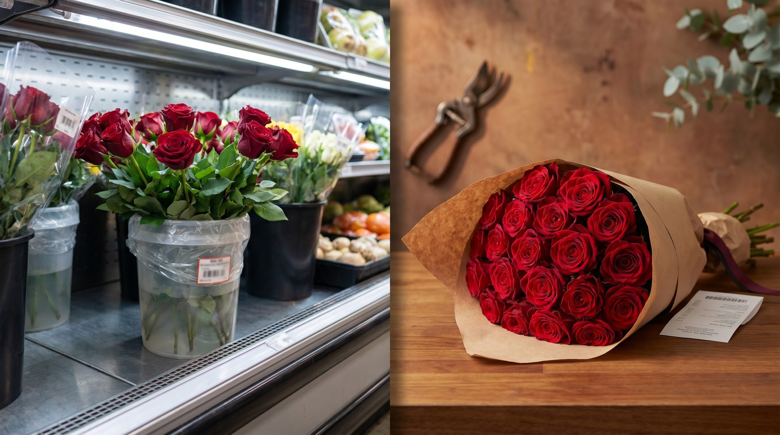 grocery-store rose bucket beside a wrapped florist dozen with price tags