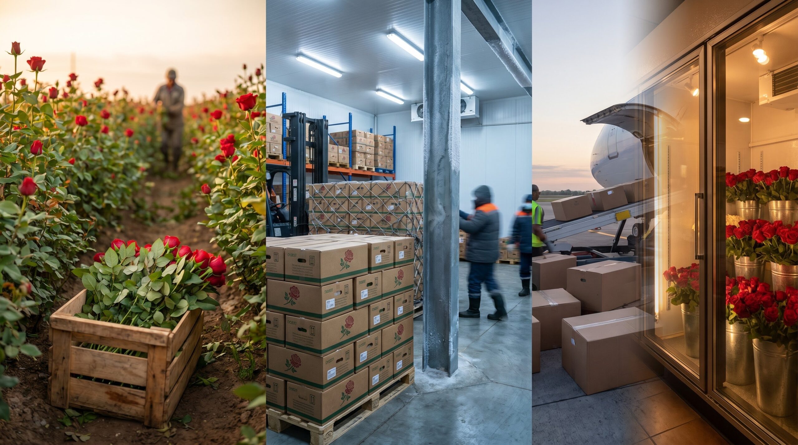 rose supply chain from farm crates to a refrigerated cargo hold