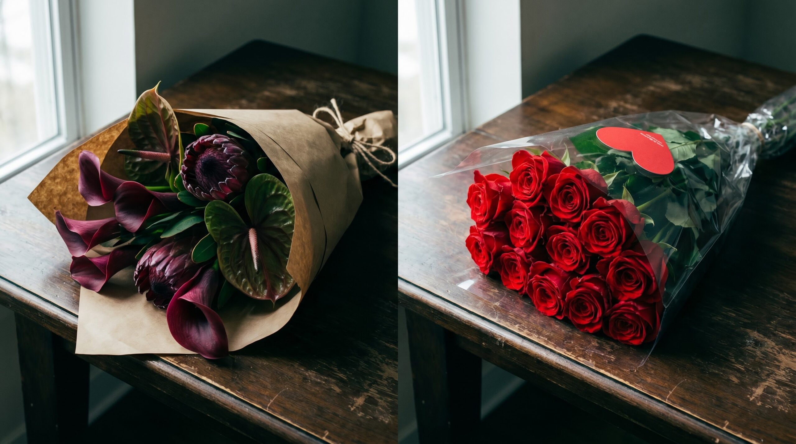 dark structural bouquet next to a cliche red rose bouquet