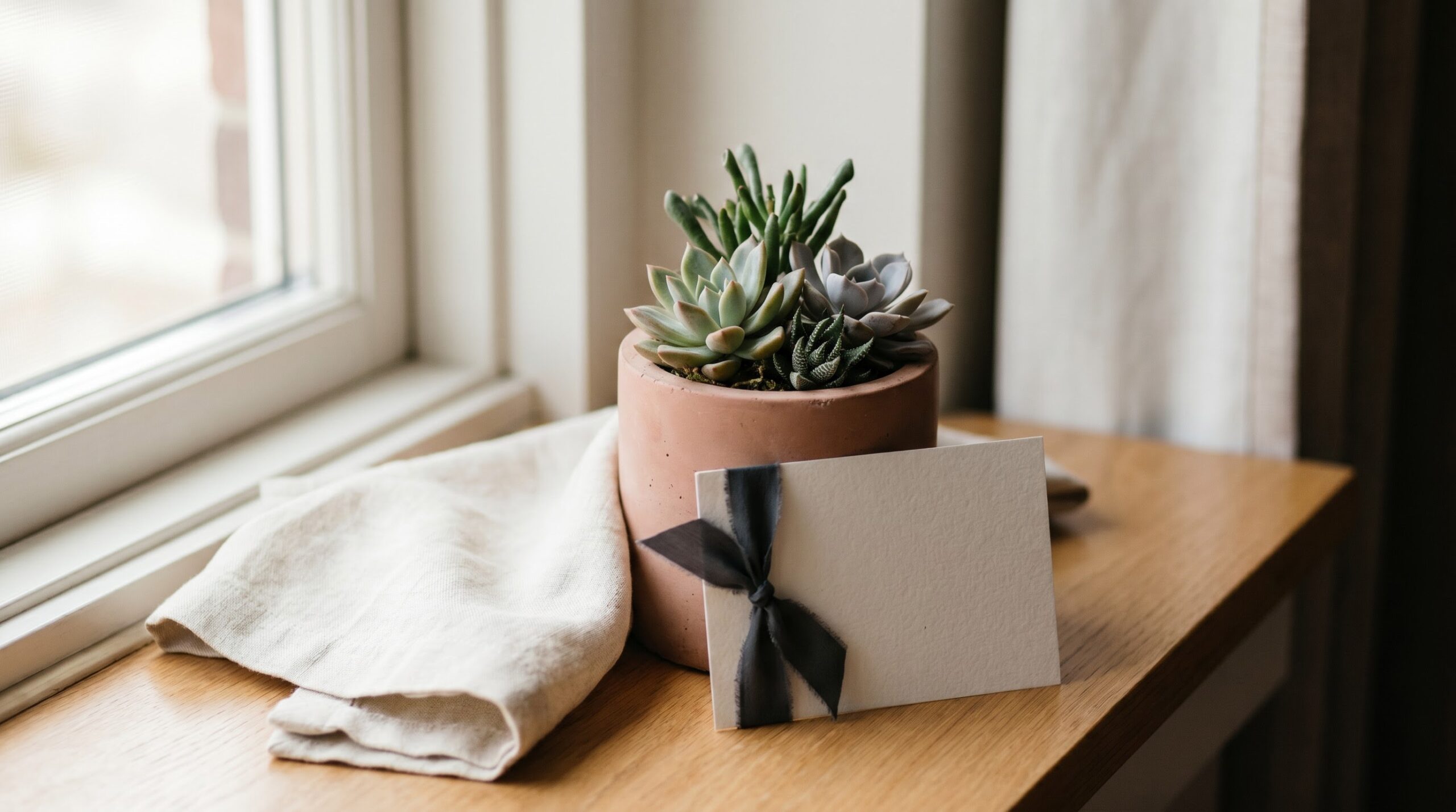 small potted plant staged as a romantic gift with a blank card