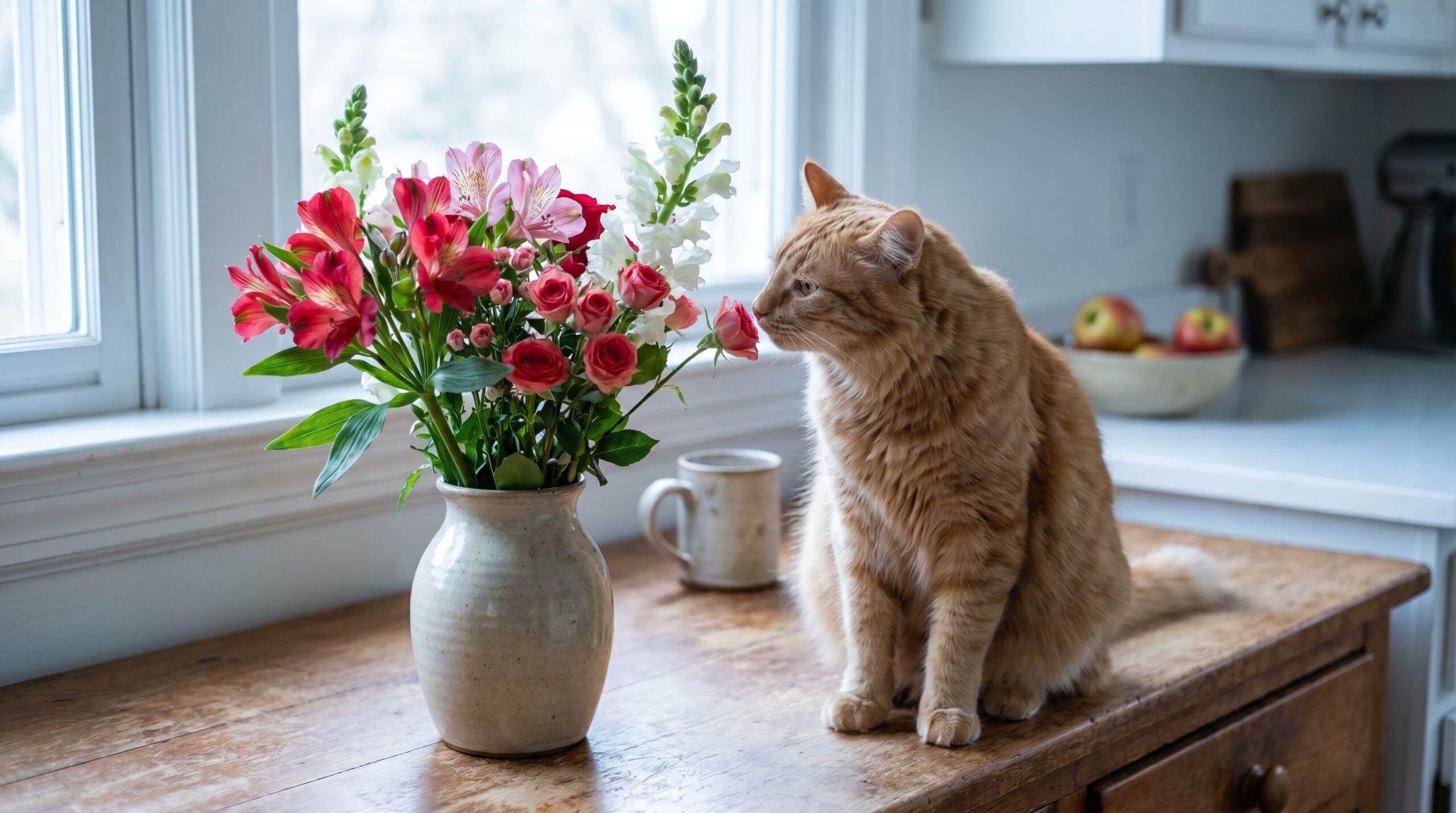A cat near a lily-free alstroemeria bouquet on a kitchen counter