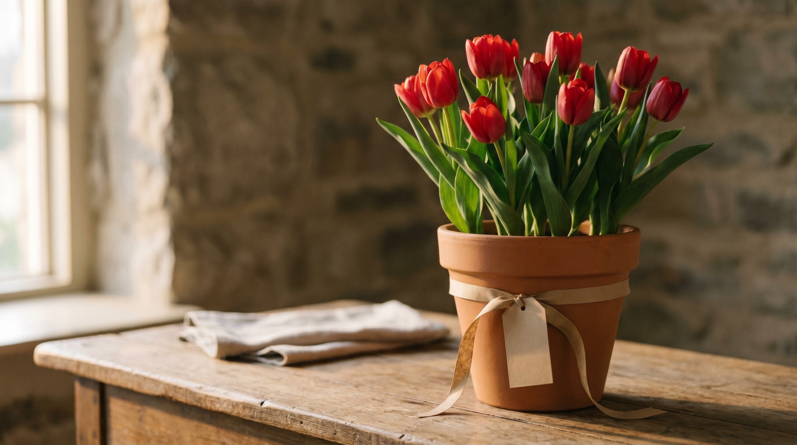 Potted red tulips wrapped as a Valentine's Day gift on a table